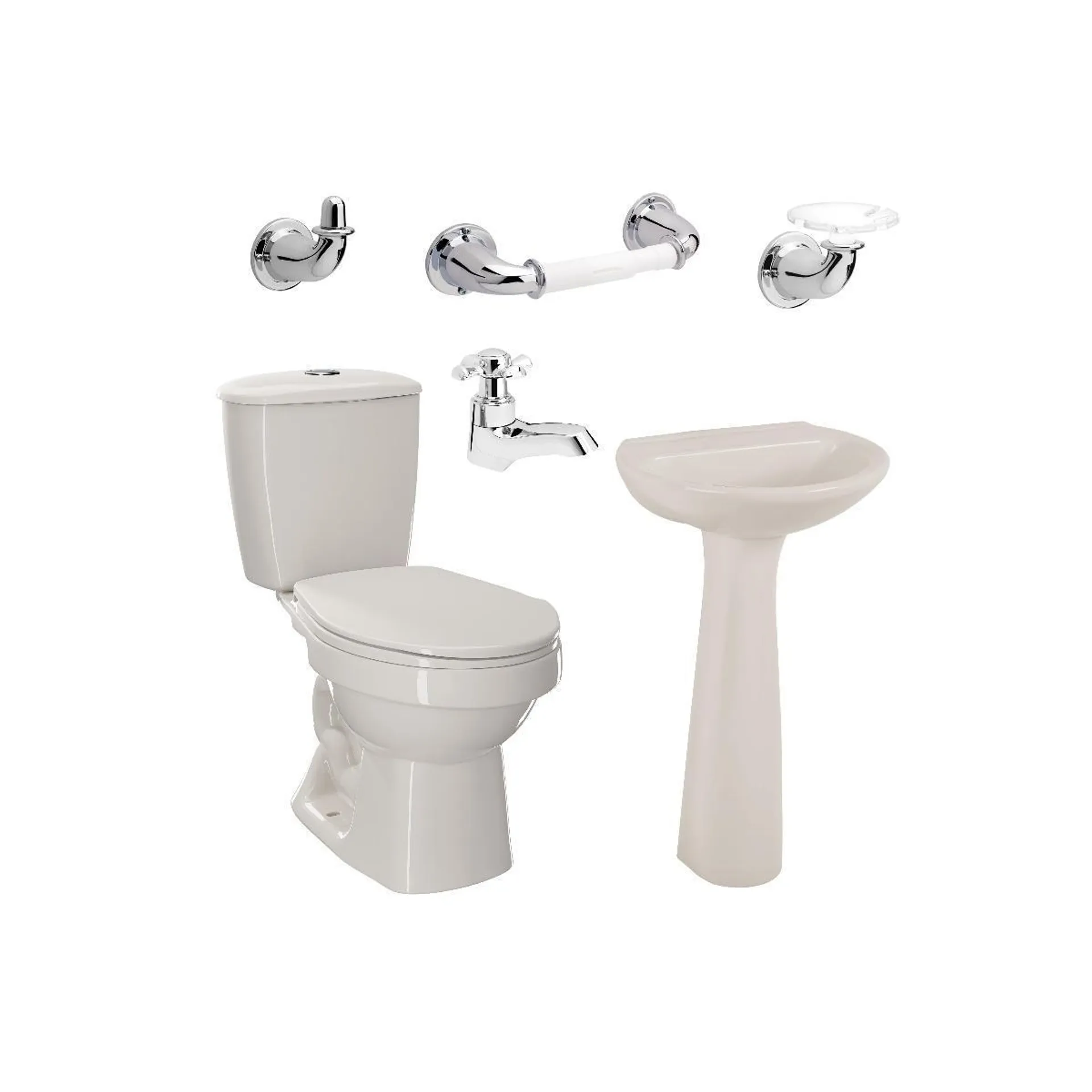 Combo Laguna Balta Bone: sanitario, lavamanos con pedestal, grifería y accesorios