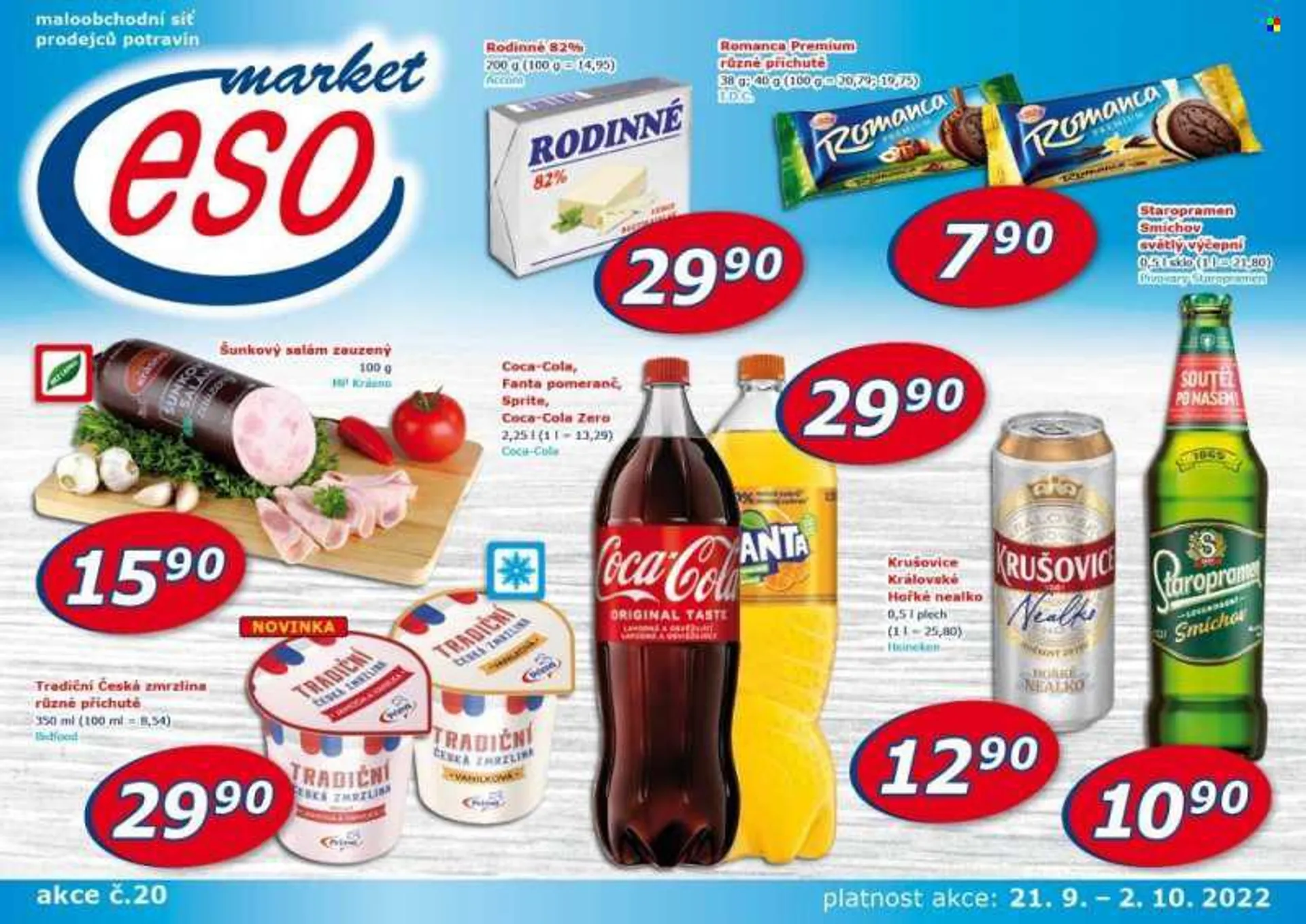 Leták ESO MARKET - 21.9.2022 - 2.10.2022 - Produkty v akci - salám, šunkový salám, Krásno, máslo, Rodinné 82%, zmrzlina, Prima, oplatky, sušenky, Romanca, Fanta, limonáda, Coca-Cola, Sprite, Staropramen, Krušovice, Heineken, Staropramen Smíchov. Strana 1.