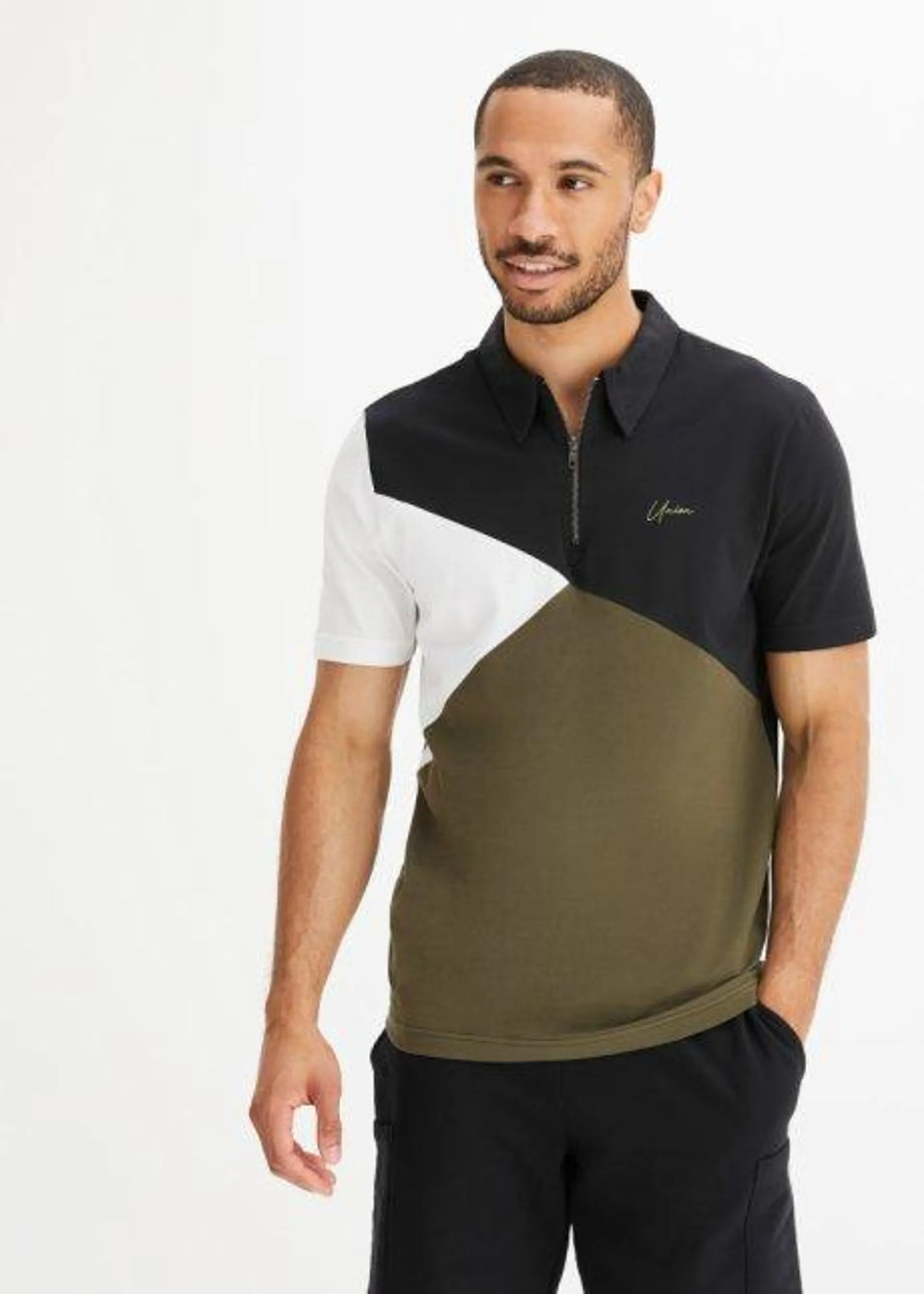 Strečové triko polo se zipem, organická bavlna, Slim Fit