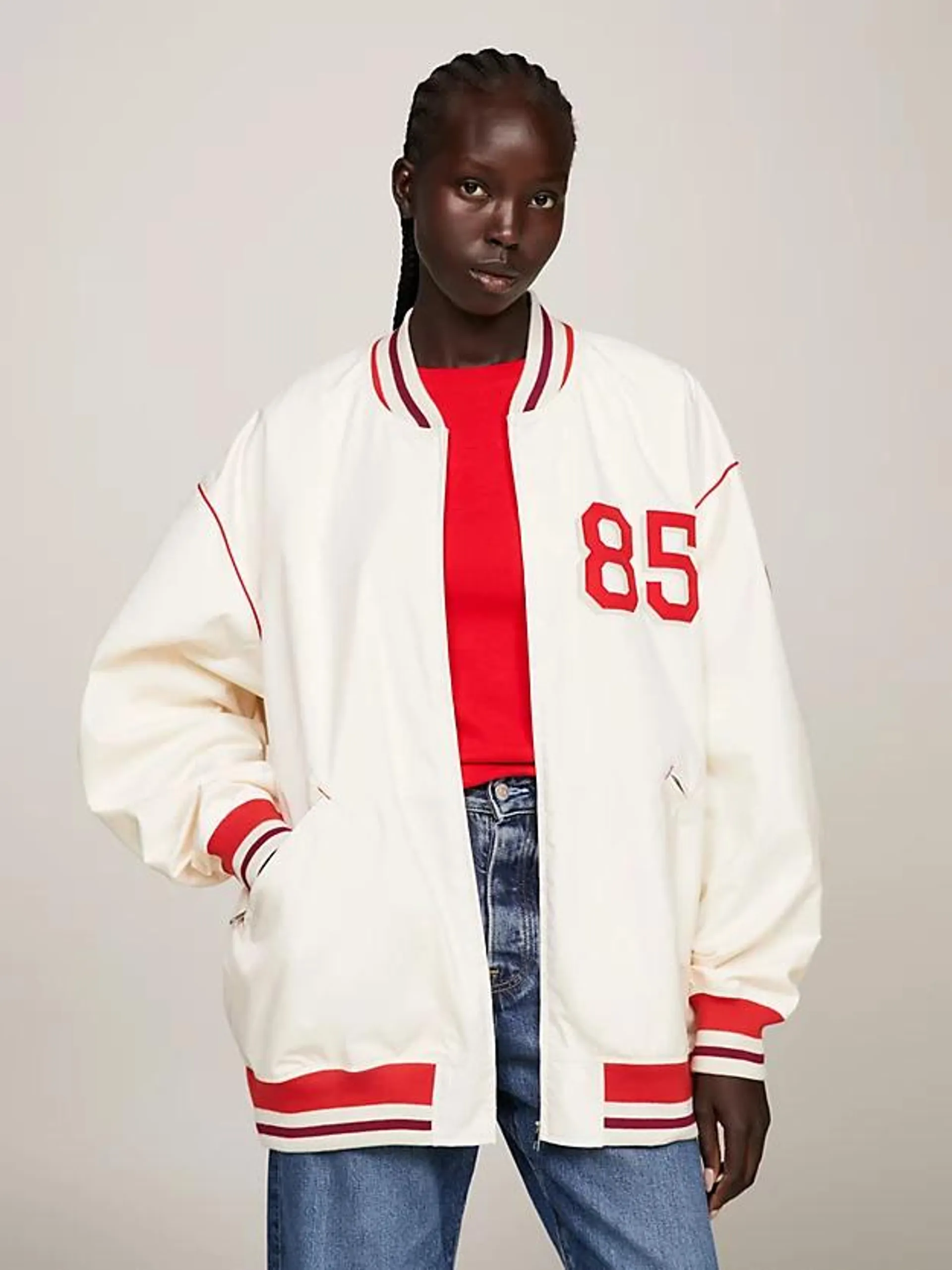 Back Logo TH Crest Oversized Baseball Jacket