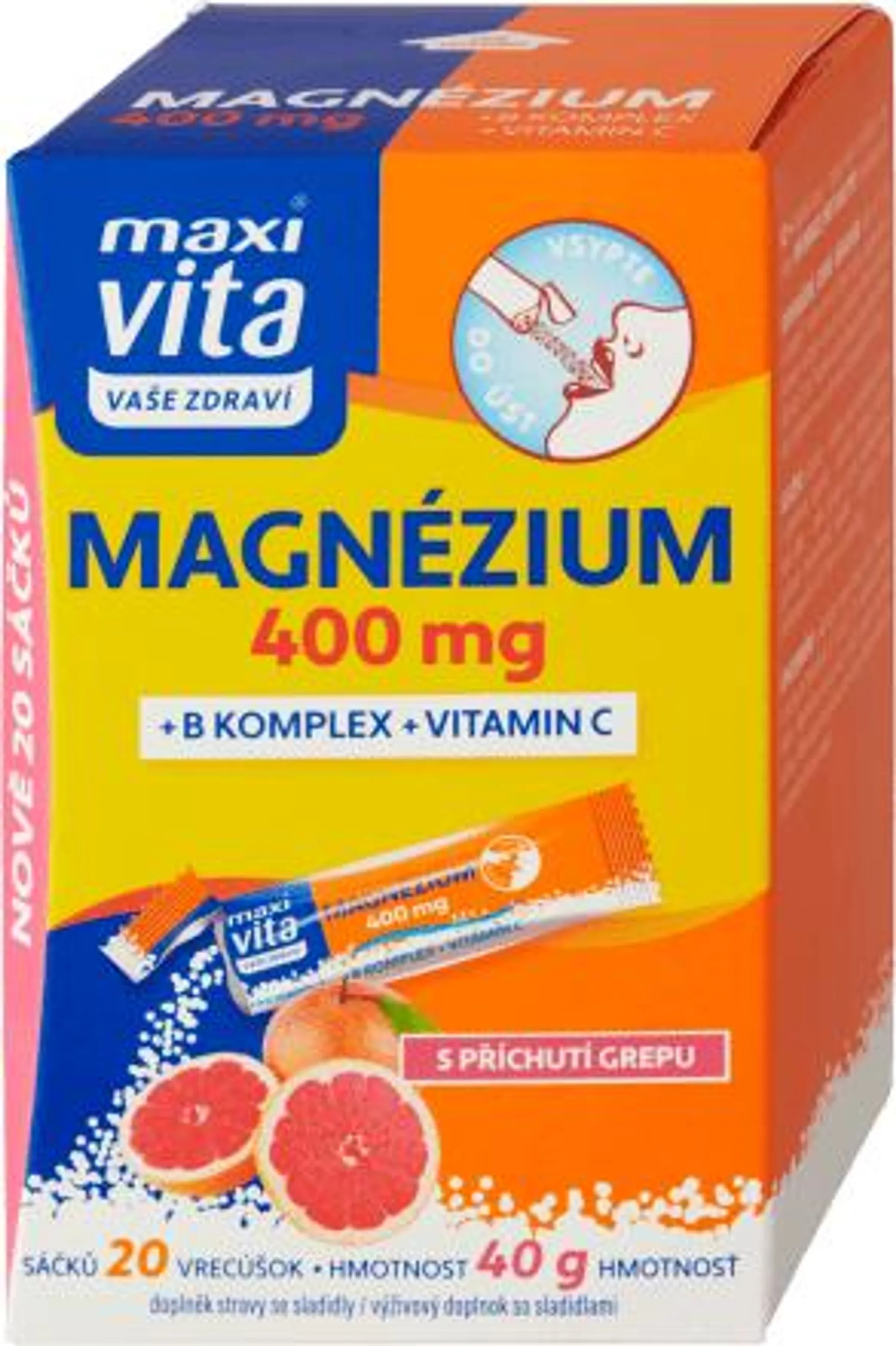 magnézium 400 mg + B komplex + vitamin C, 20 ks