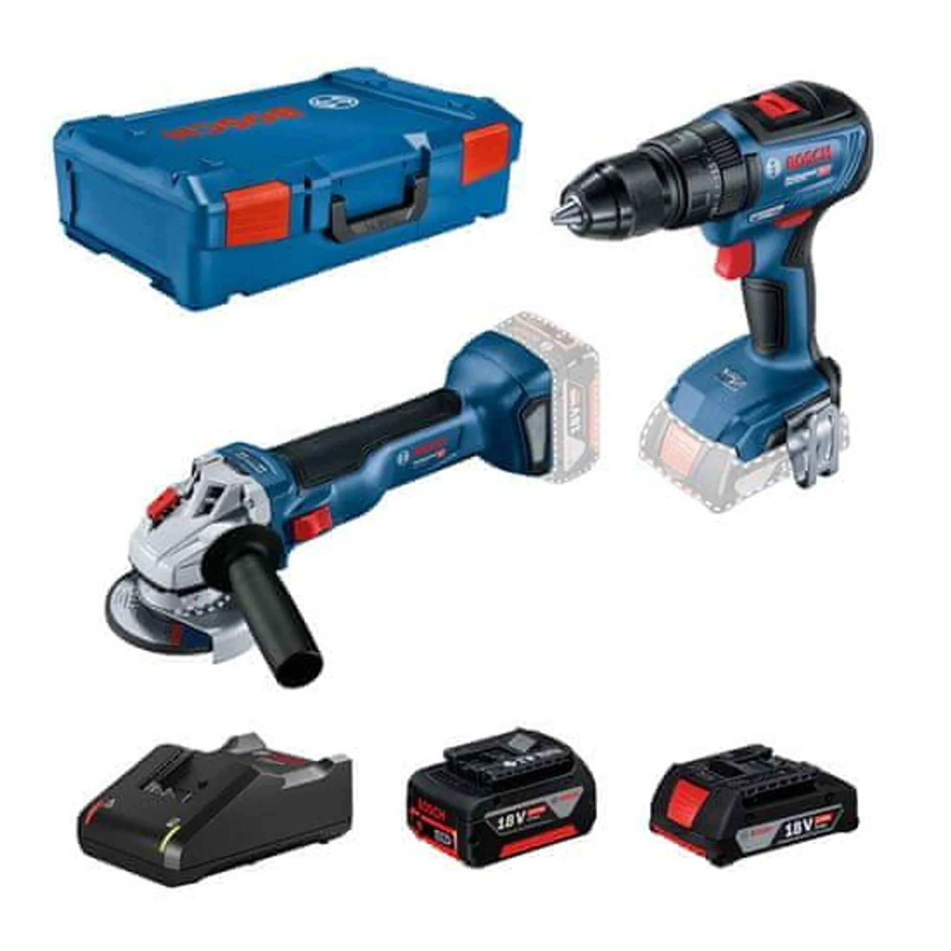 BOSCH Professional Aku úhlová bruska GWS 18V-10 + Aku kombinovaný šroubovák GSB 18V-50 + 1× akumulátor 2,0 Ah + 1× akumulátor 5,0 Ah + XL-BOXX (0615990M9K)