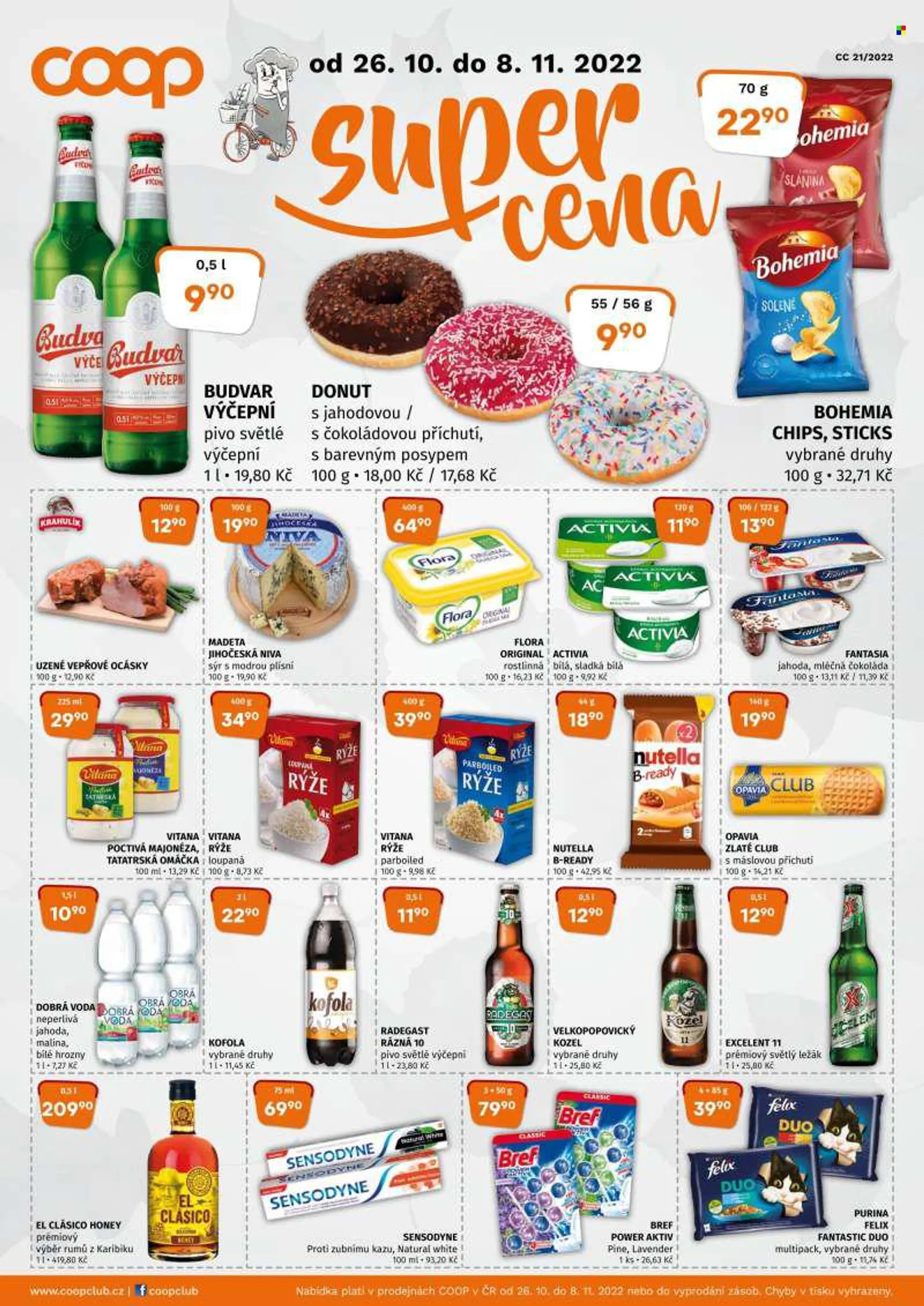 Leták coop TIP - 26.10.2022 - 8.11.2022 - Produkty v akci - pečivo, donut, sladké pečivo, hrozny bílé, uzené vepřové ocásky, niva, Madeta, sýr s plísní, sýr, jogurt, Activia, Fantasia, Flora, margarín, majonéza, Vitana, čokoláda, máslové sušenky, oplatky,