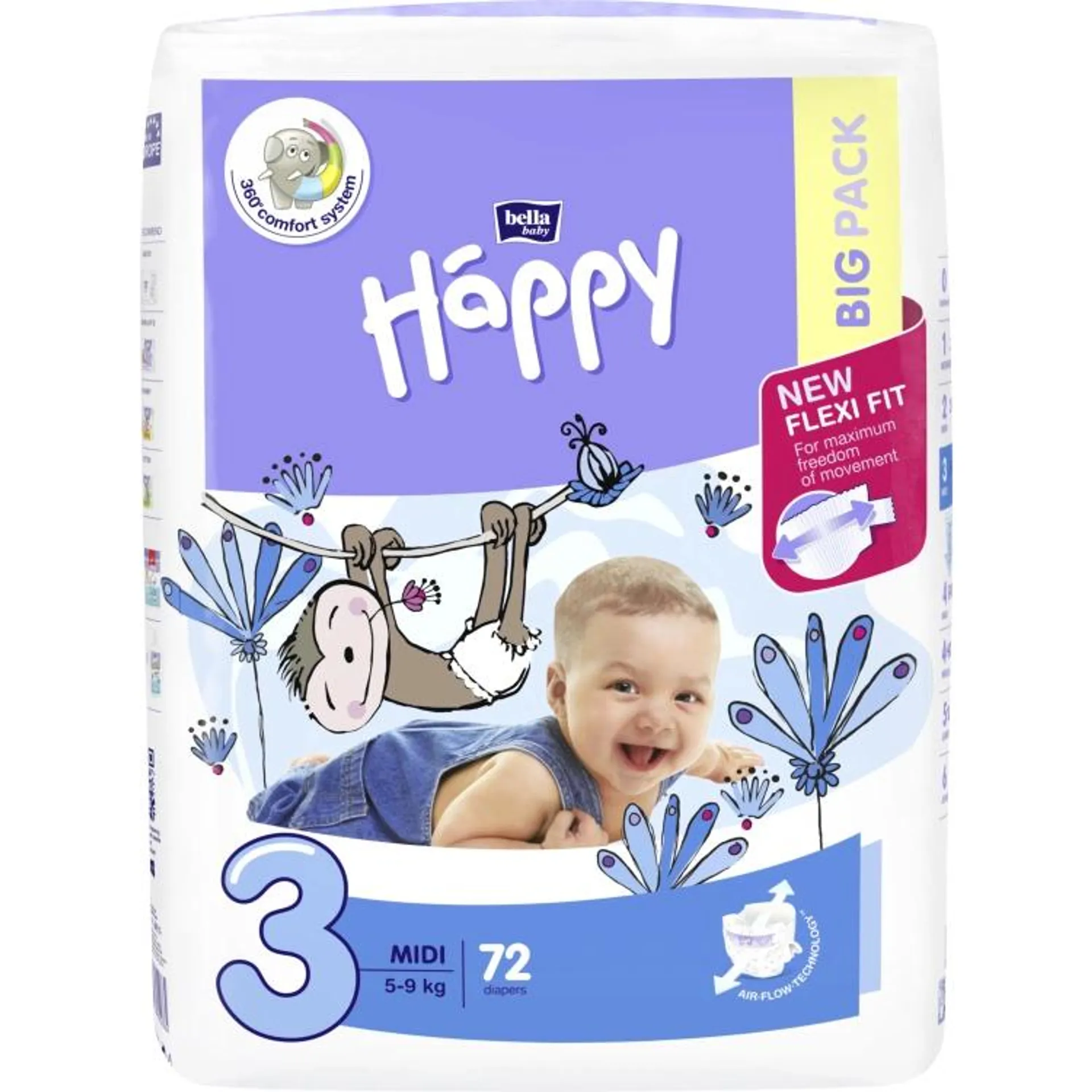 Bella Happy Midi 3 dětské pleny jednorázové 5-9 kg, 72 ks