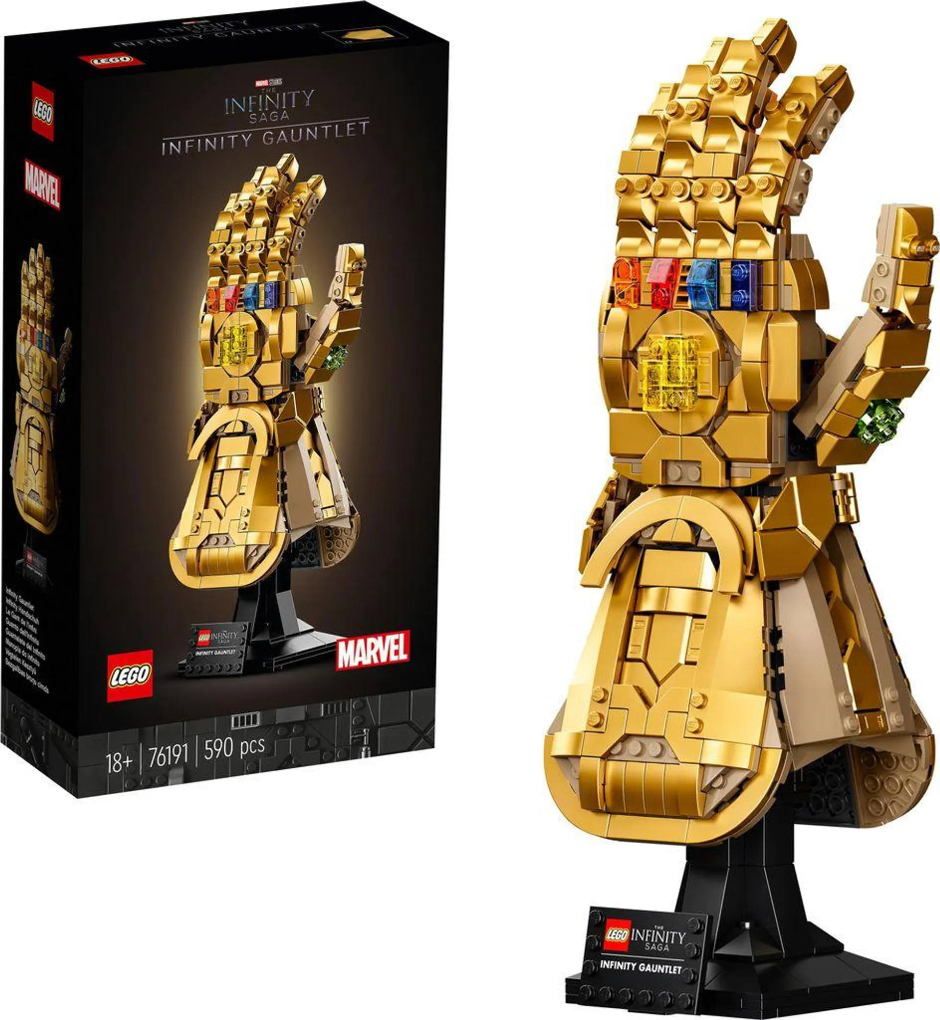 LEGO Marvel: Infinity Gauntlet 76191; model Thanosovy pravé rukavice s kameny nekonečna, jak je vidět ve filmech Avengers: Infinity War a Avengers: Endgame od studia Marvel (590 dílků)