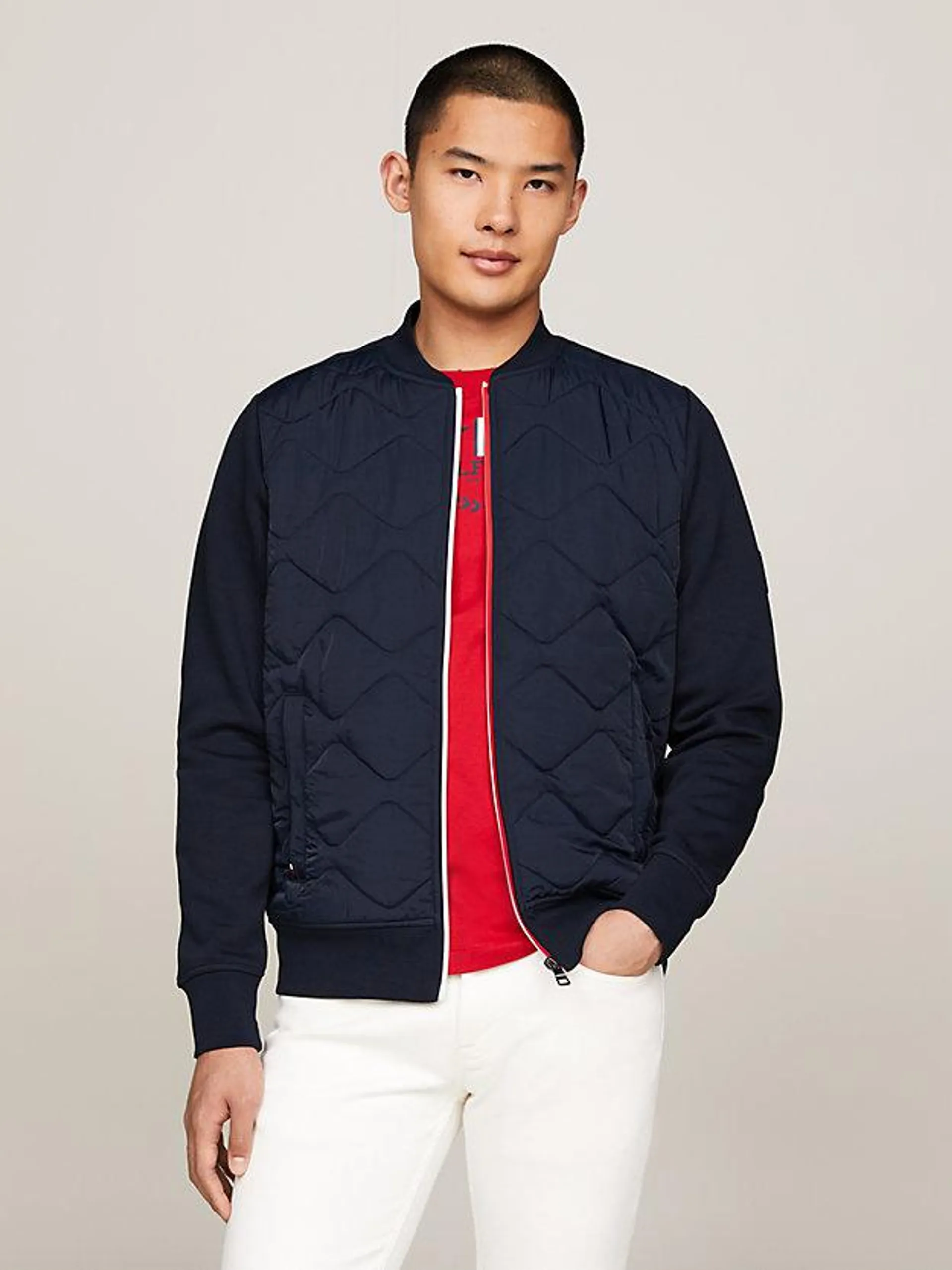 Quilted Mixed Texture Zip-Thru Bomber Jacket