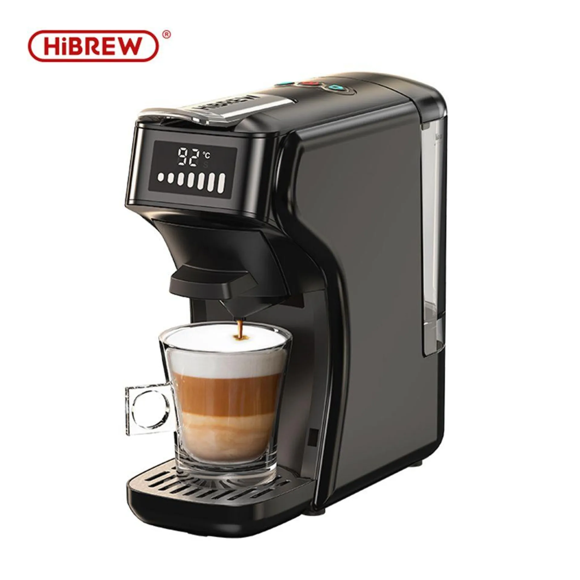 HiBREW H1B kávovar 6 v 1, nádržka na vodu 600 ml, tlaková extrakce 19 bar, režim studená/horká, LED displej, pro Kcup*/Nes*/DG*/espresso v prášku, černý