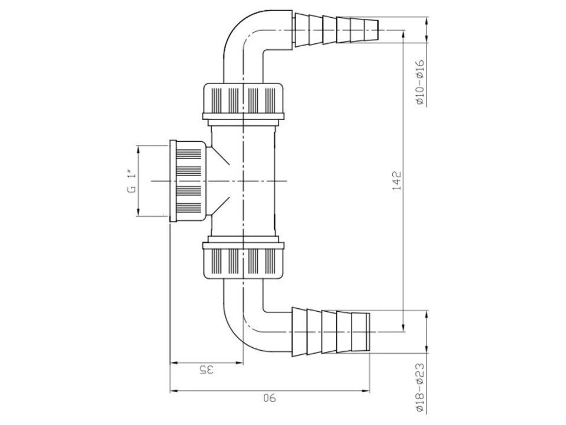 Kolínko dvojité T přípojka, klapky, 1x kolínko 10-16, 2x 18-23mm, matice G1", bílé