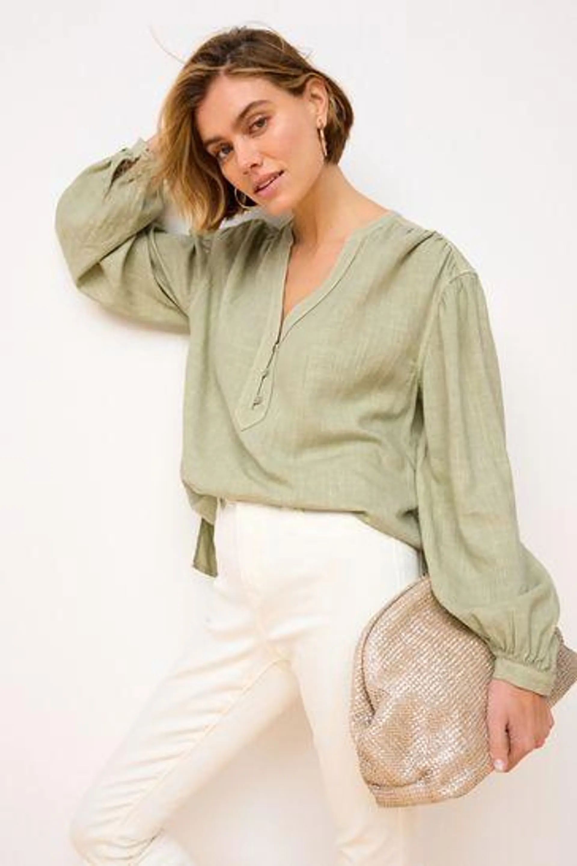 Long Sleeve V-Neck Button Front Blouse