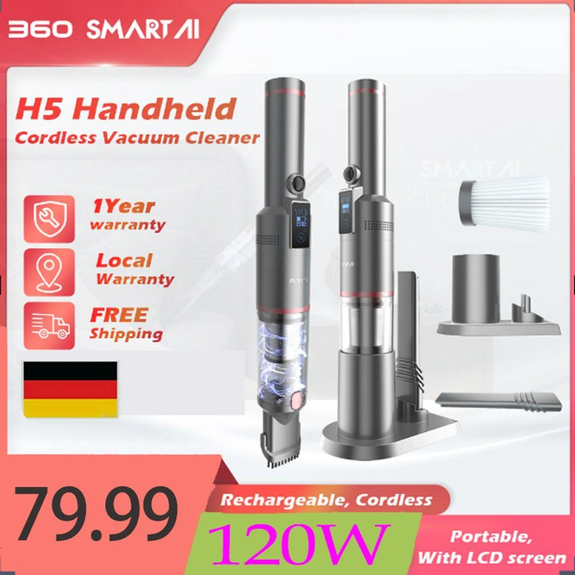 360 SmartAI H5 Handheld Vacuum Cleaner, 15000Pa Mini LED Cordless Battery Handheld Vacuum Cleaner, stolní bezsáčkový vysavač, lehký bateriový vysavač pro auto, domácí karavan, zvířecí chlupy, s nabíjecím stojanem, nabíjením typu C, velkým boxem na prach