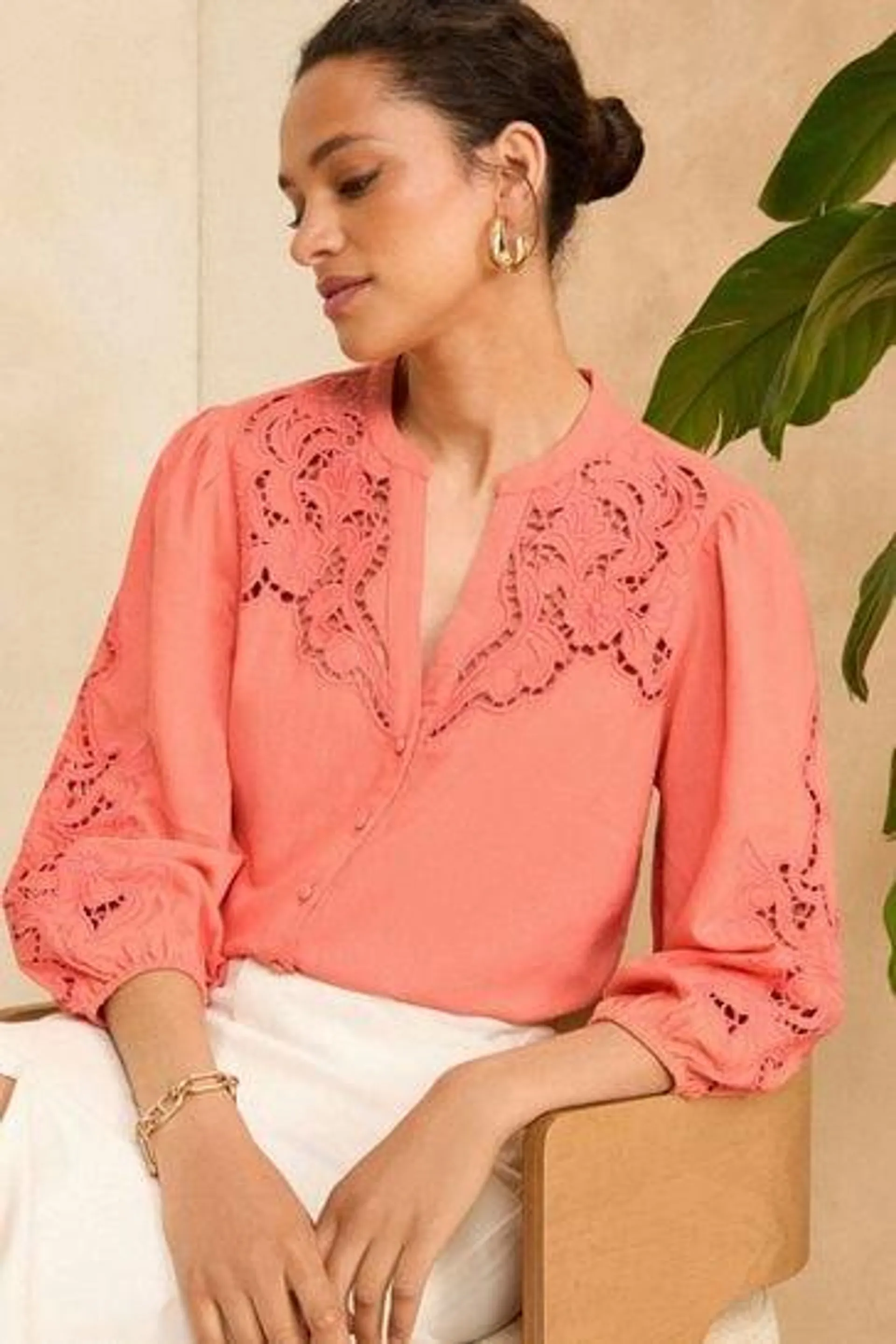 Love & Roses V Neck Cutwork Viscose Linen Blend Blouse