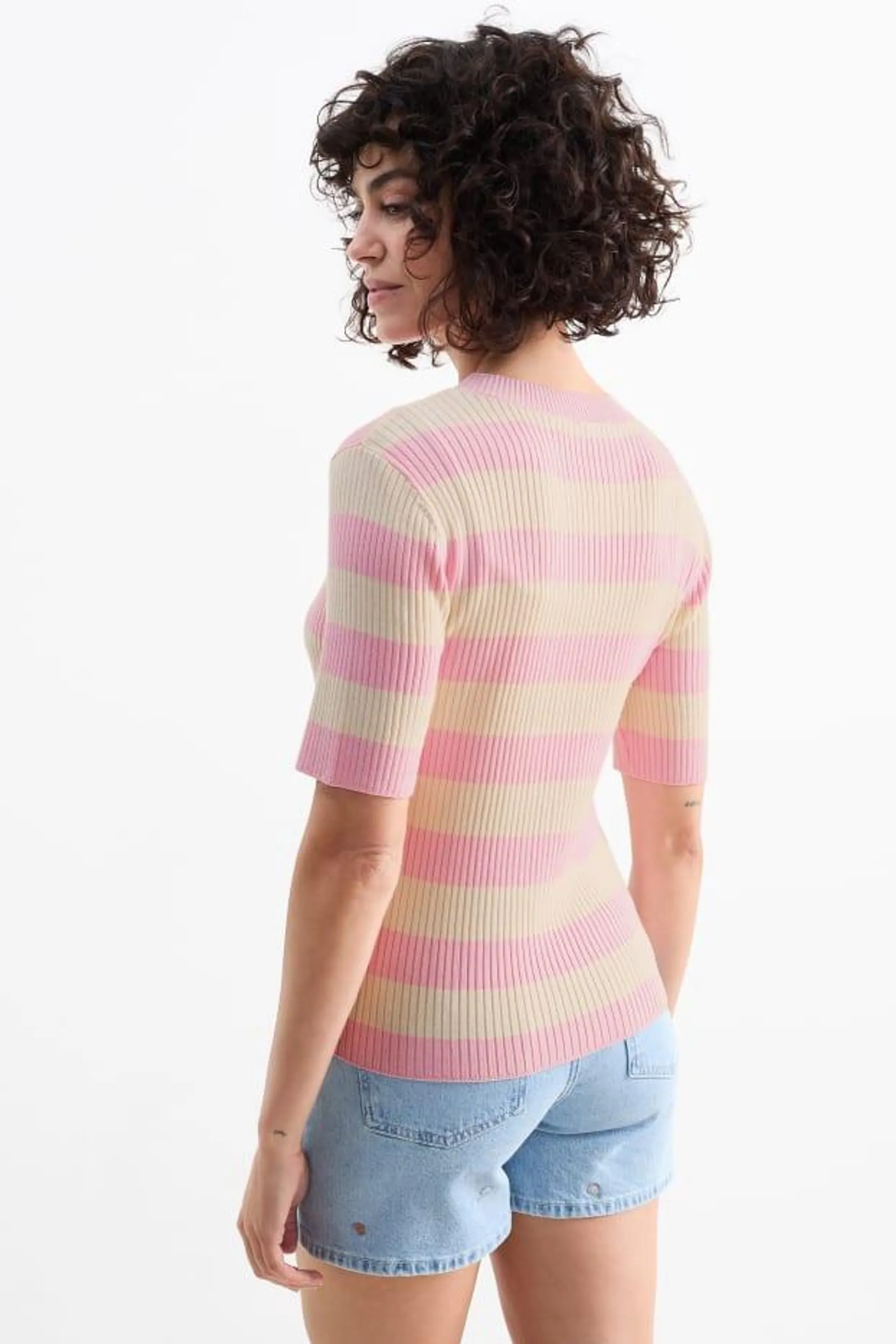 Knitted jumper - short sleeve - ribbed - striped