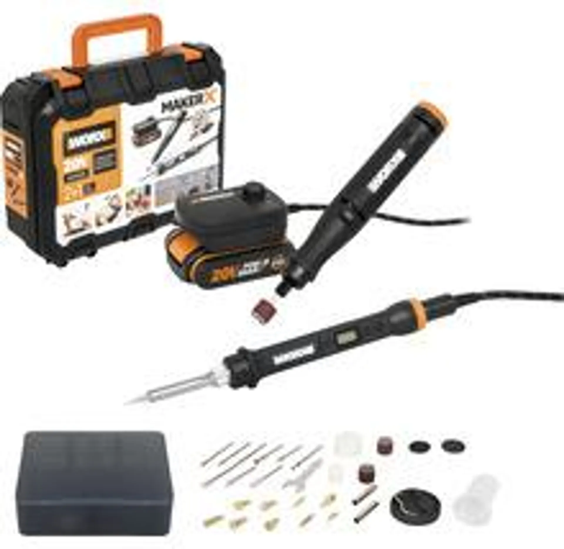 Multifunkční sada WORX MakerX, 2 přístrojů WX988 obsahuje pájku WX744, multifunkční nástroj WX739.9 vč. HubX aku adaptéru WA7161 20V a aku (2 Ah)