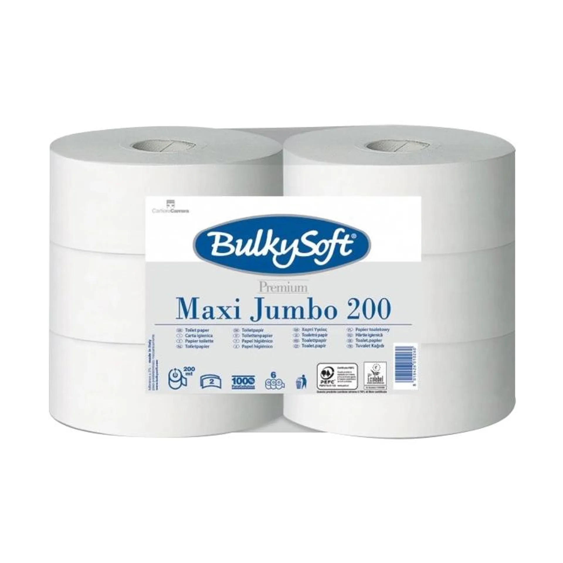 Bulkysoft Jumbo Maxi 2vrstvý toaletní papír bílý, průměr 20 cm, 200 m role, 6 rolí