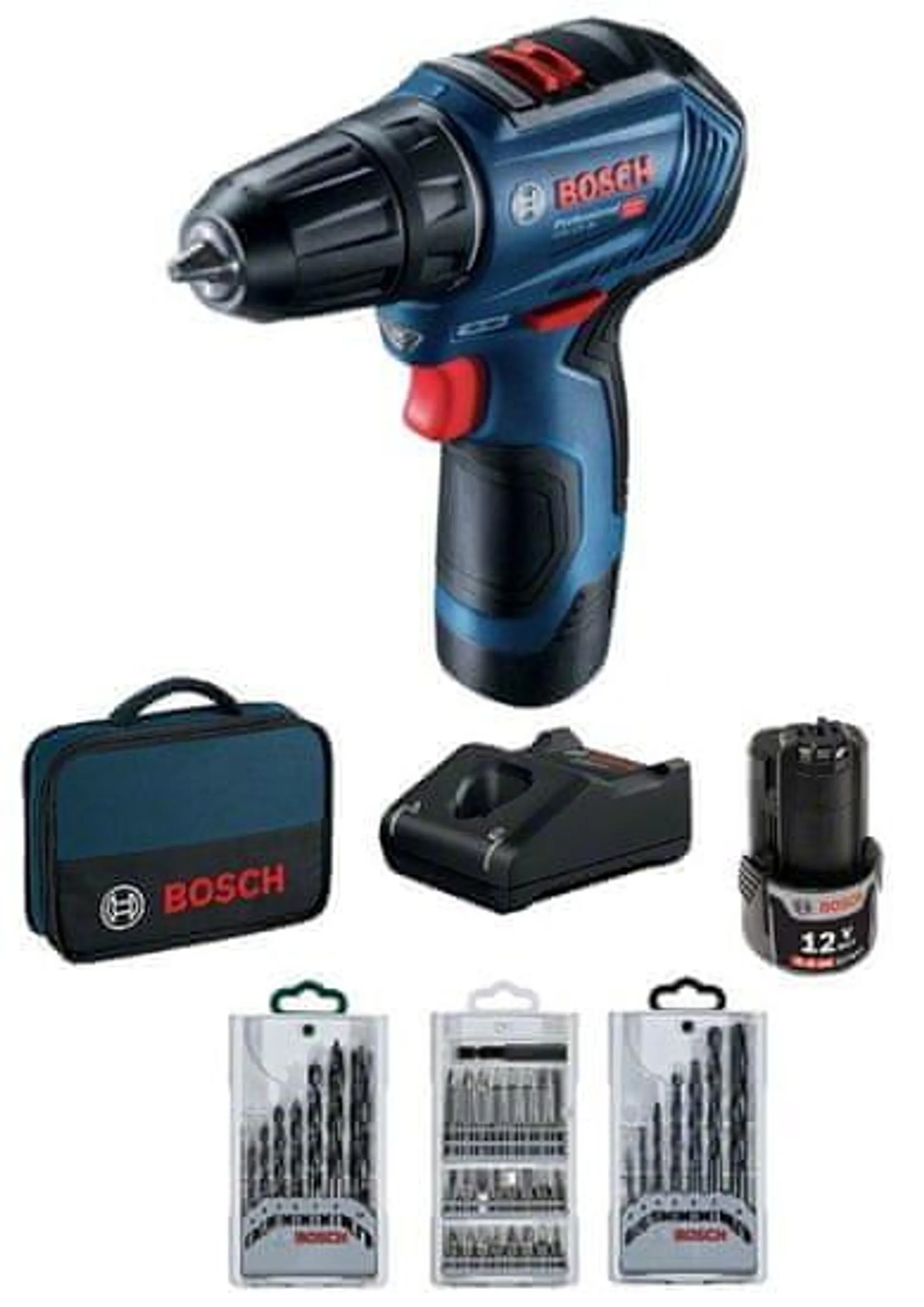 BOSCH Professional Aku vrtací šroubovák GSR 12V-30, 2 akumulátory + příslušenství (0.601.9G9.001)