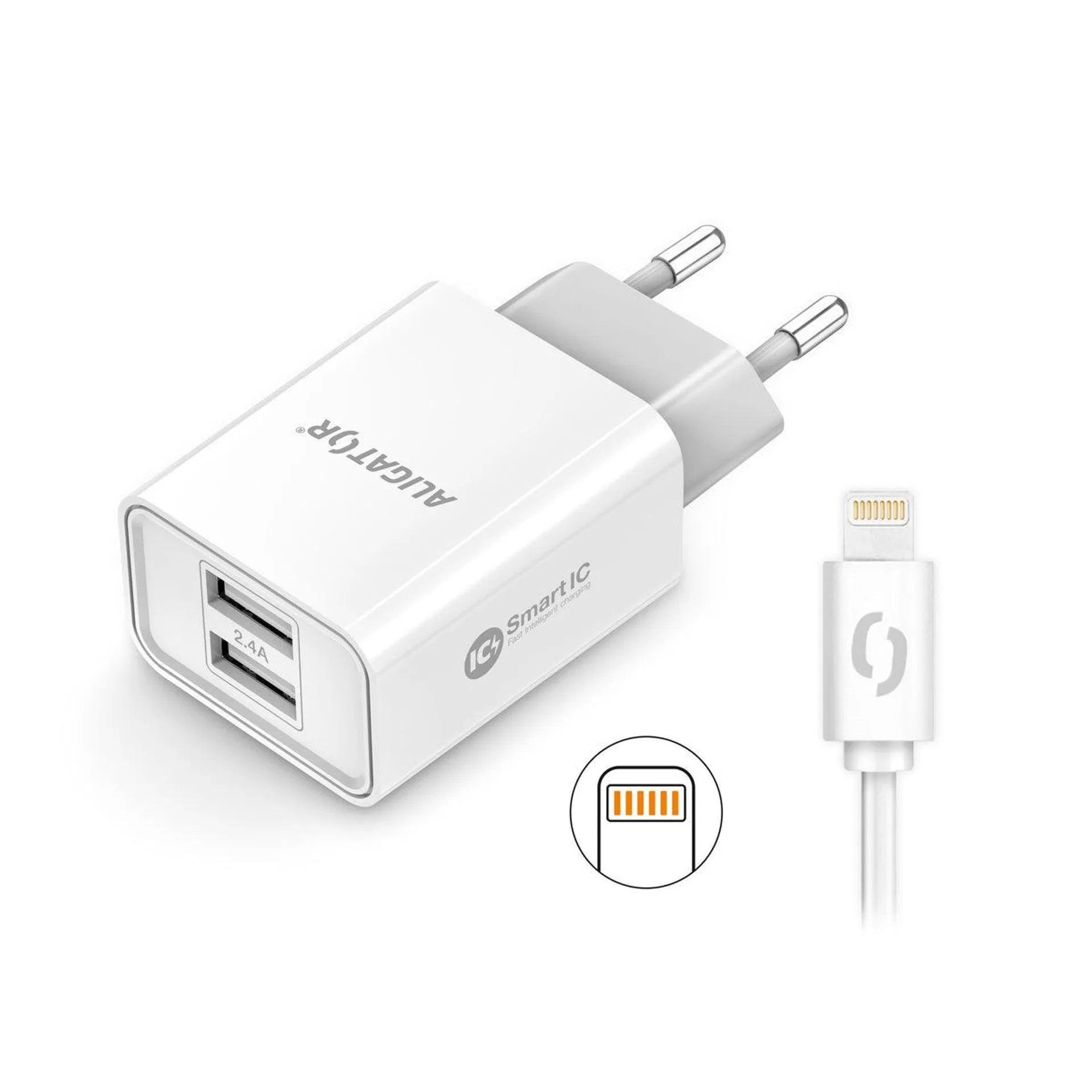 Nabíječka Aligator 2,4A,2xUSB, smart IC, bílá + kabel Lightning VYBALENO