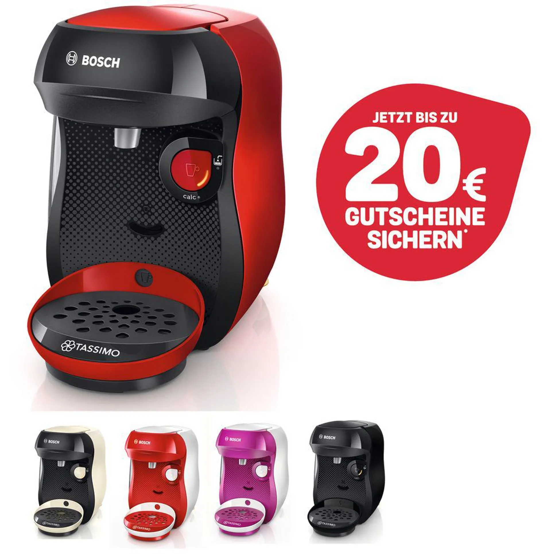 Bosch TAS1003 TASSIMO Multidrink machine HAPPY, 1400W, LED ovládací panel, snadné čištění, INTELLIBREW, červeno-černá barva