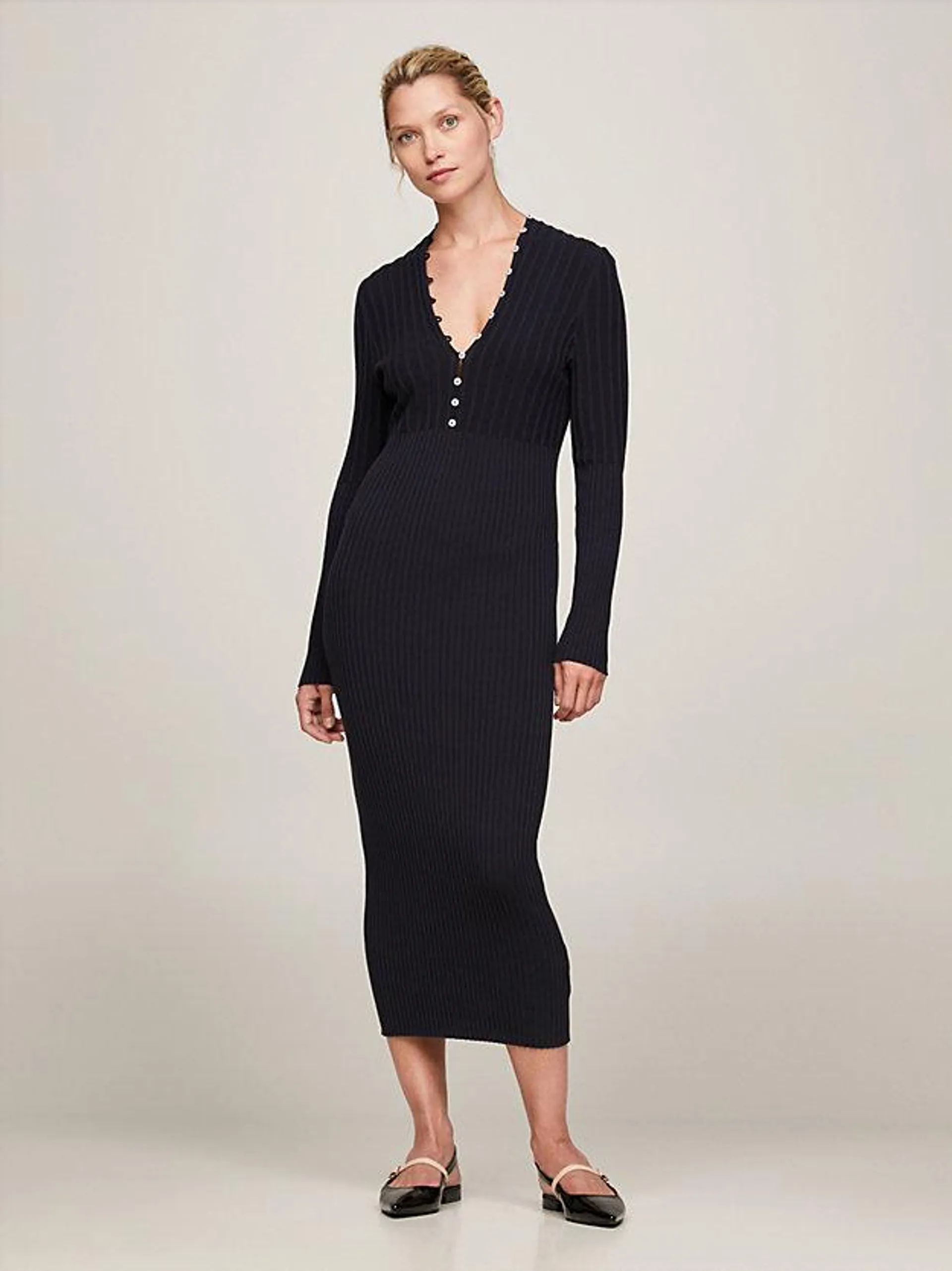 Button V-Neck Slim Sweater Dress