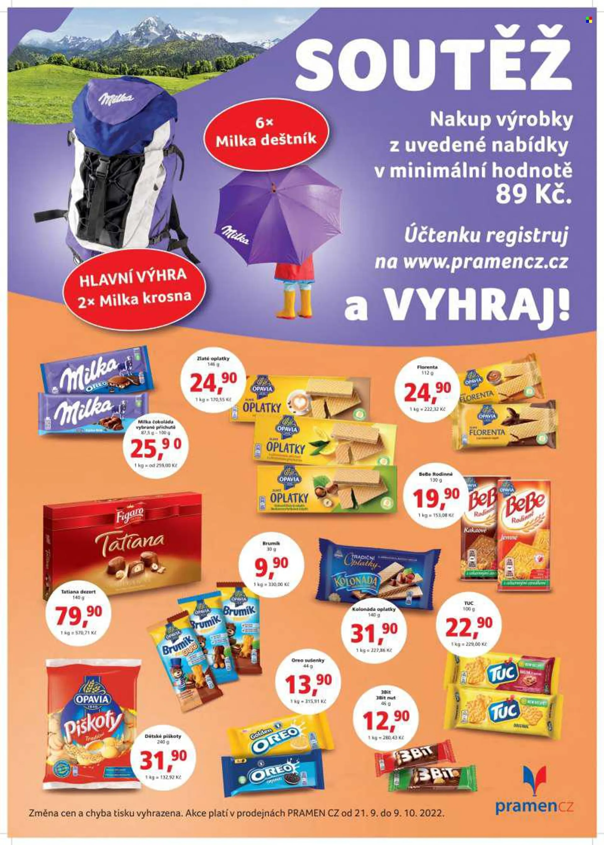 Leták Pramen CZ - 21.9.2022 - 9.10.2022 - Produkty v akci - Brumík, sladké pečivo, slanina, Milka, Oreo, piškoty, oplatky, sušenky, BeBe, Kolonáda, Figaro, bonboniéra, Opavia, 3BiT, Zlaté oplatky, Tatiana, čokoládová tyčinka, Florenta, Tuc, Golden, vitami