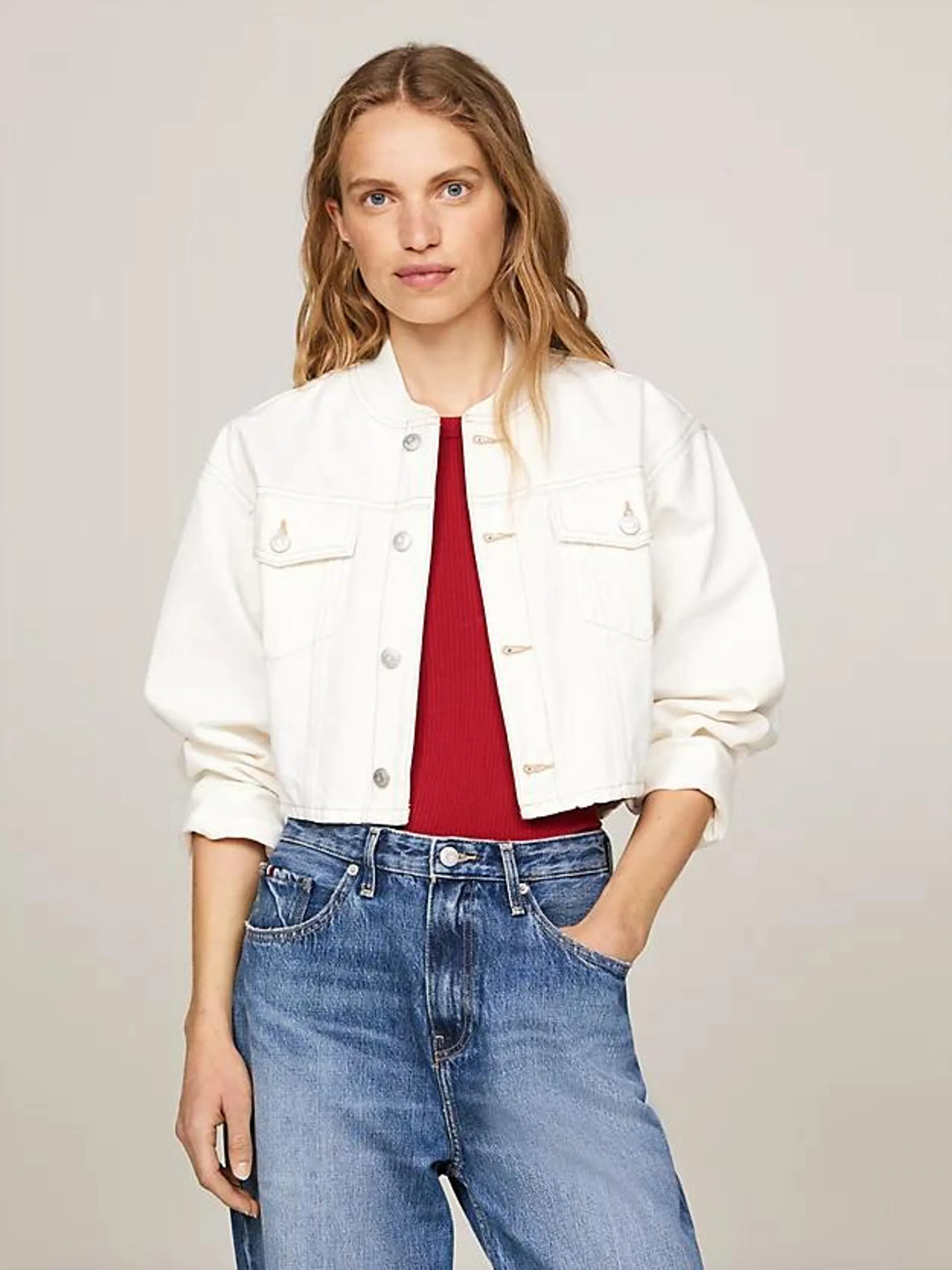 Cropped Relaxed Denim Bomber Jacket