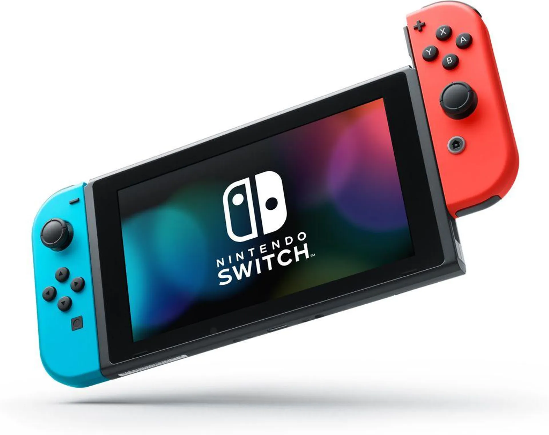 Nintendo Switch s neonově modrým a neonově červeným Joy-Conem