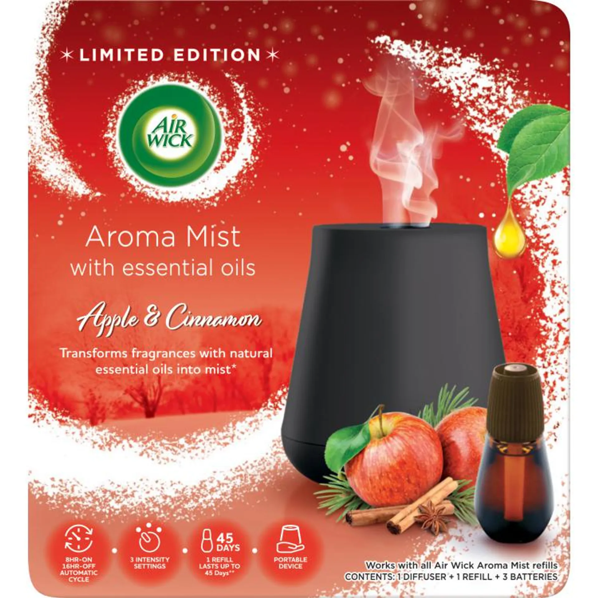 Air Wick vaporizér Aroma Mist černý a náplň skořice a jablko, 20 ml