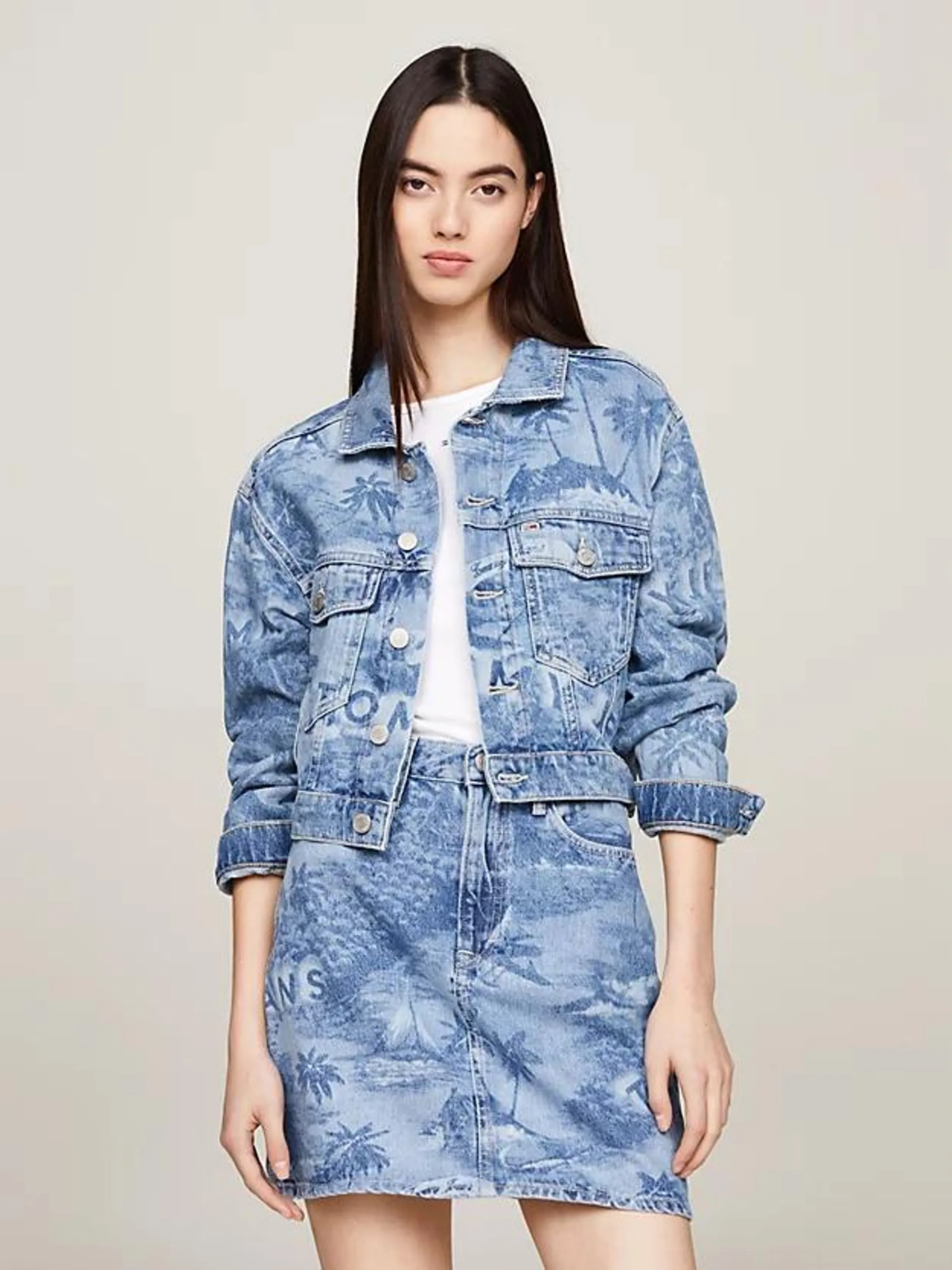 Cropped Hawaiian Denim Trucker Jacket