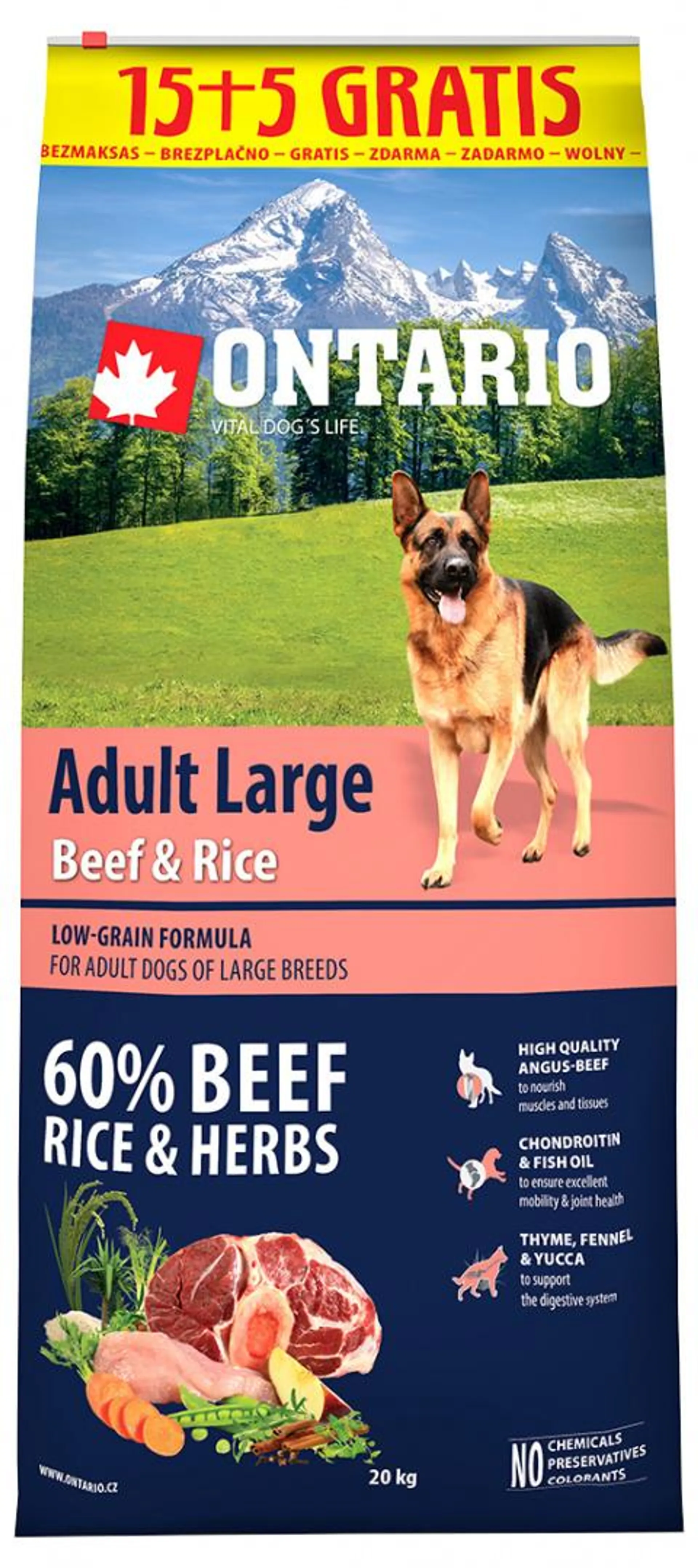 Ontario Adult Large Beef & Rice 15+5kg zdarma