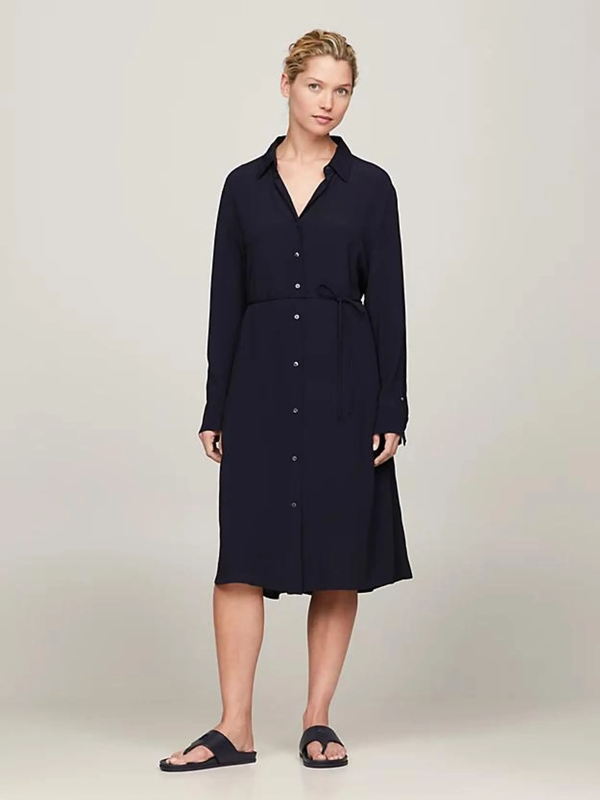 Belted Knee Length Shirt Dress