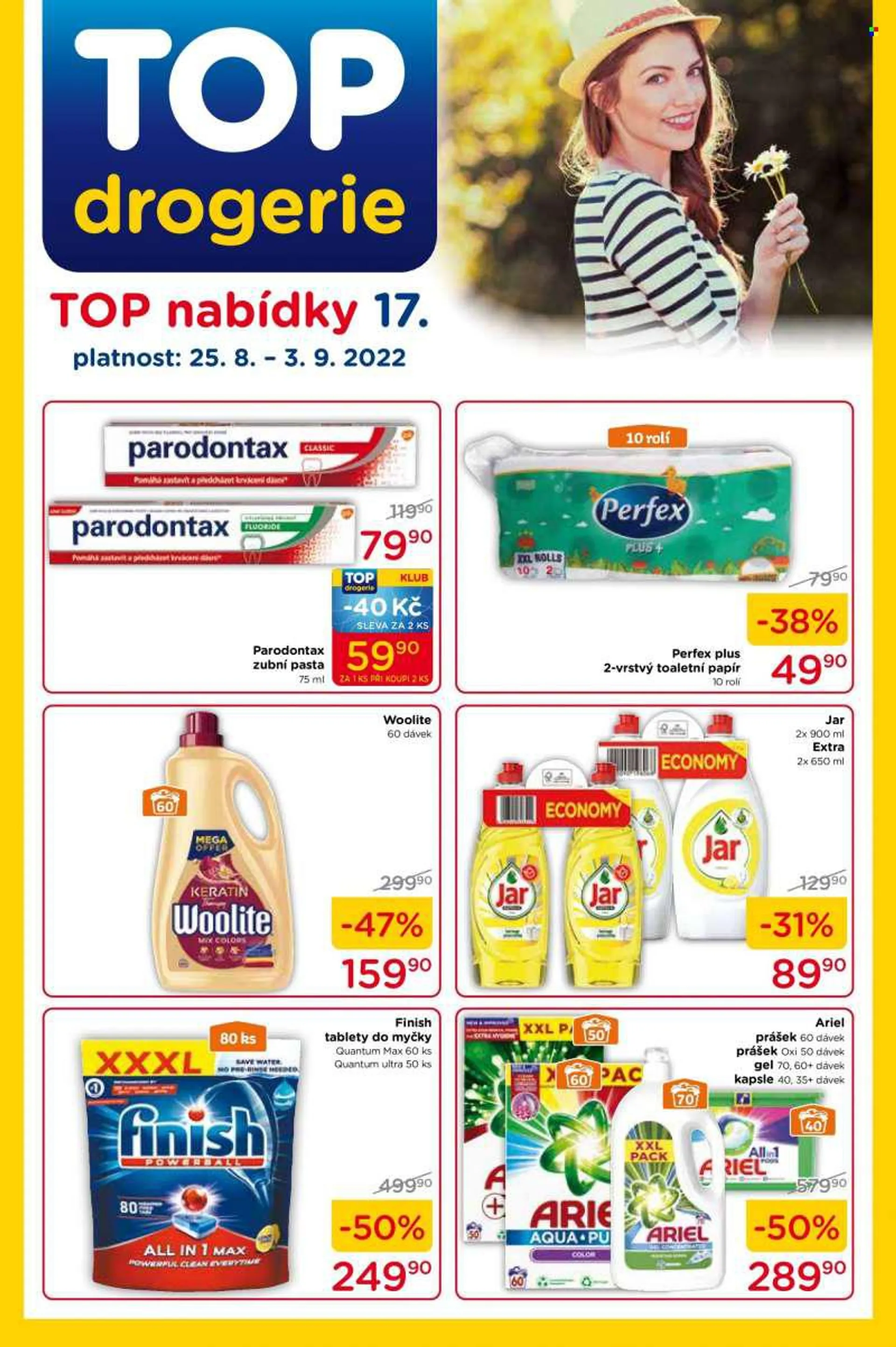 Leták TOP drogerie - 25.8.2022 - 3.9.2022 - Produkty v akci - Parodontax, zubní pasta, Perfex, toaletní papír, prací gel, prací prostředek, tekutý prací prostředek, Woolite, Jar, prostředek na nádobí, Finish, tablety do myčky, Ariel, kapsle. Strana 1.