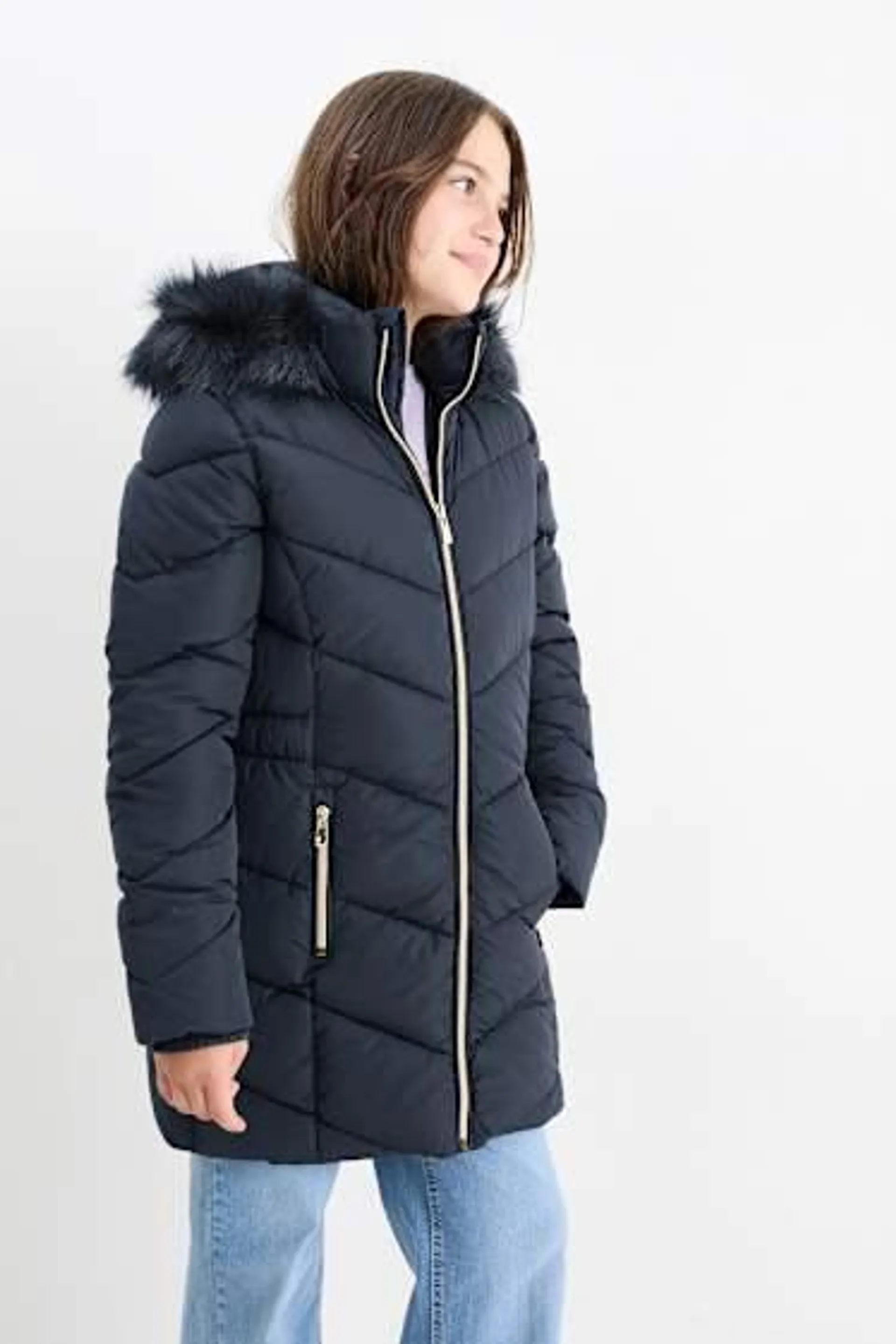 Quilted coat with hood and faux fur trim