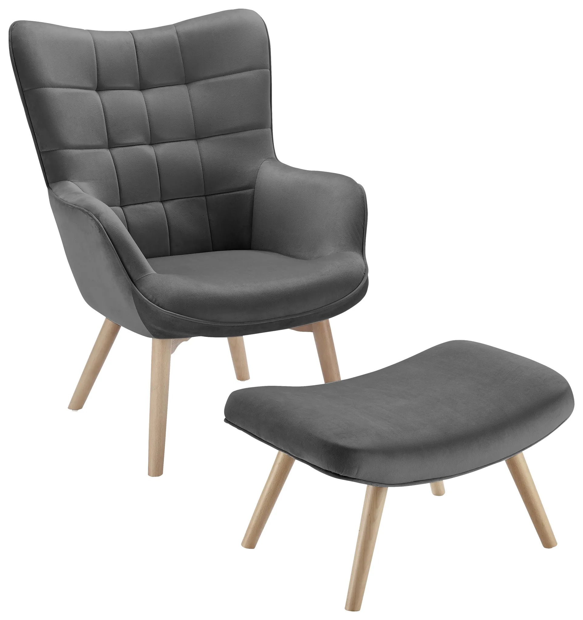 Relaxsessel mit Hocker, massiv ,grau, "Merlin", Samt