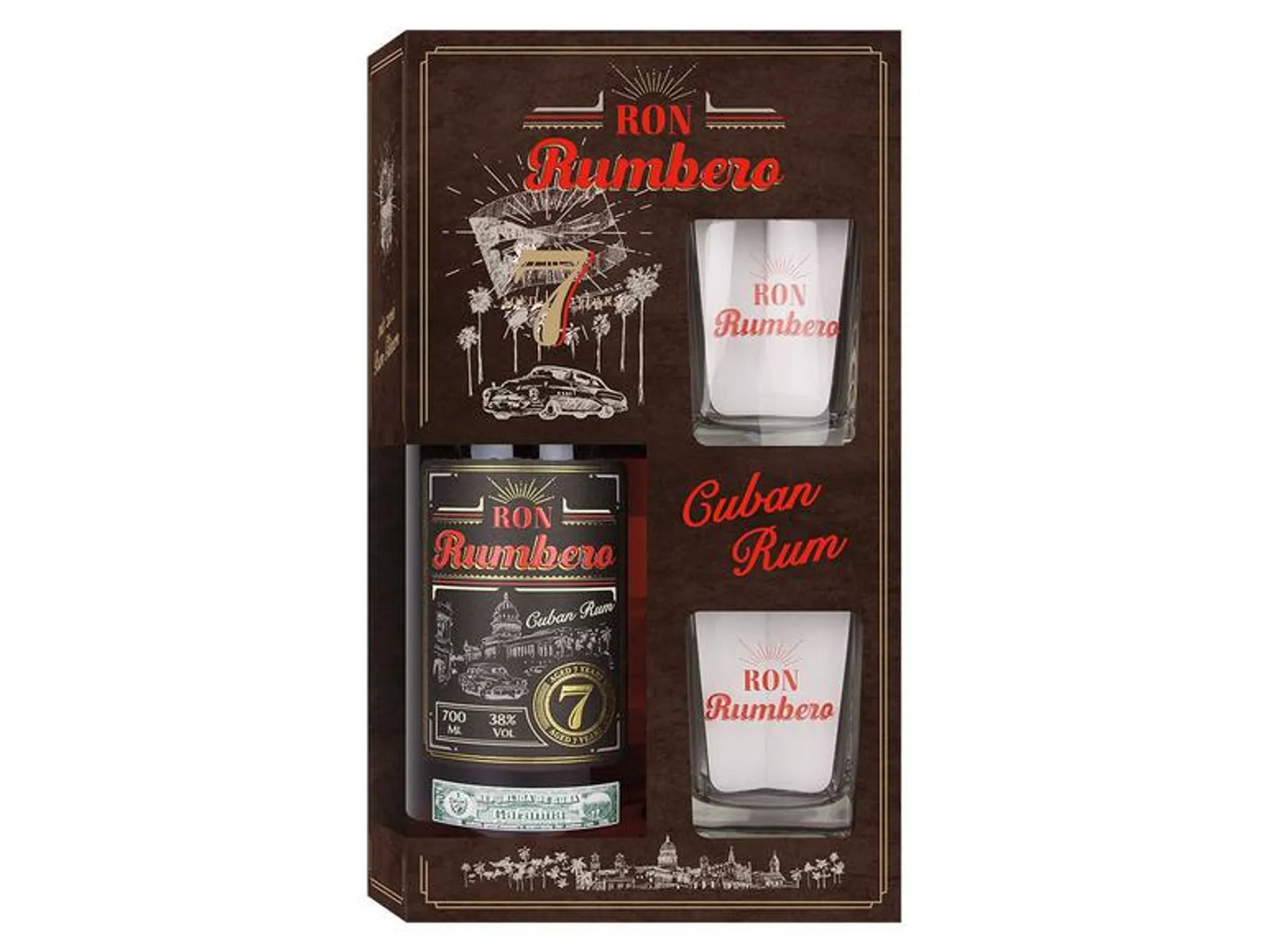 Ron Rumbero Rum 7 Jahre mit 2 Gläsern 38% Vol