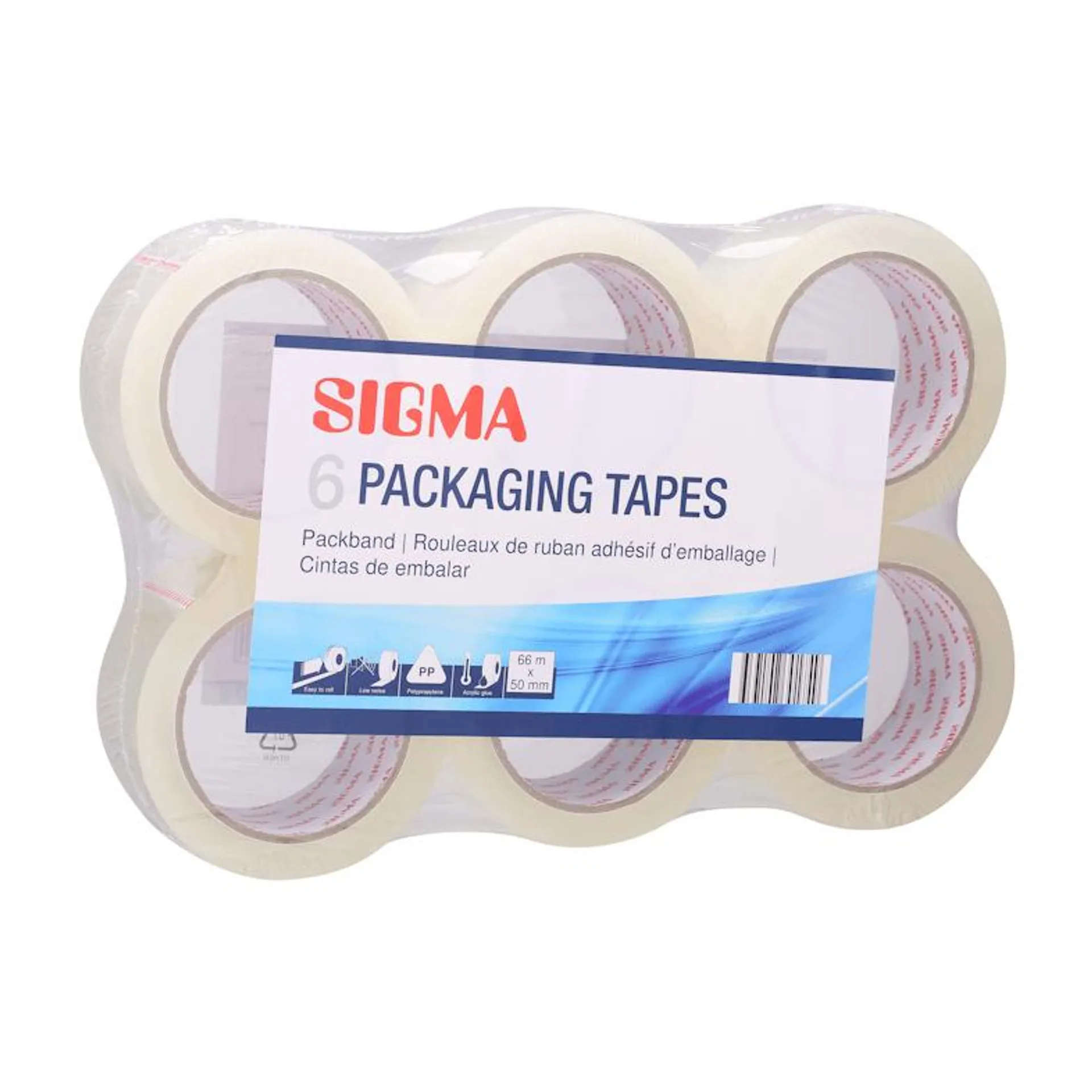 SIGMA Packband, Polypropylen, 50 mm x 66 m, transparent, 6 Stück