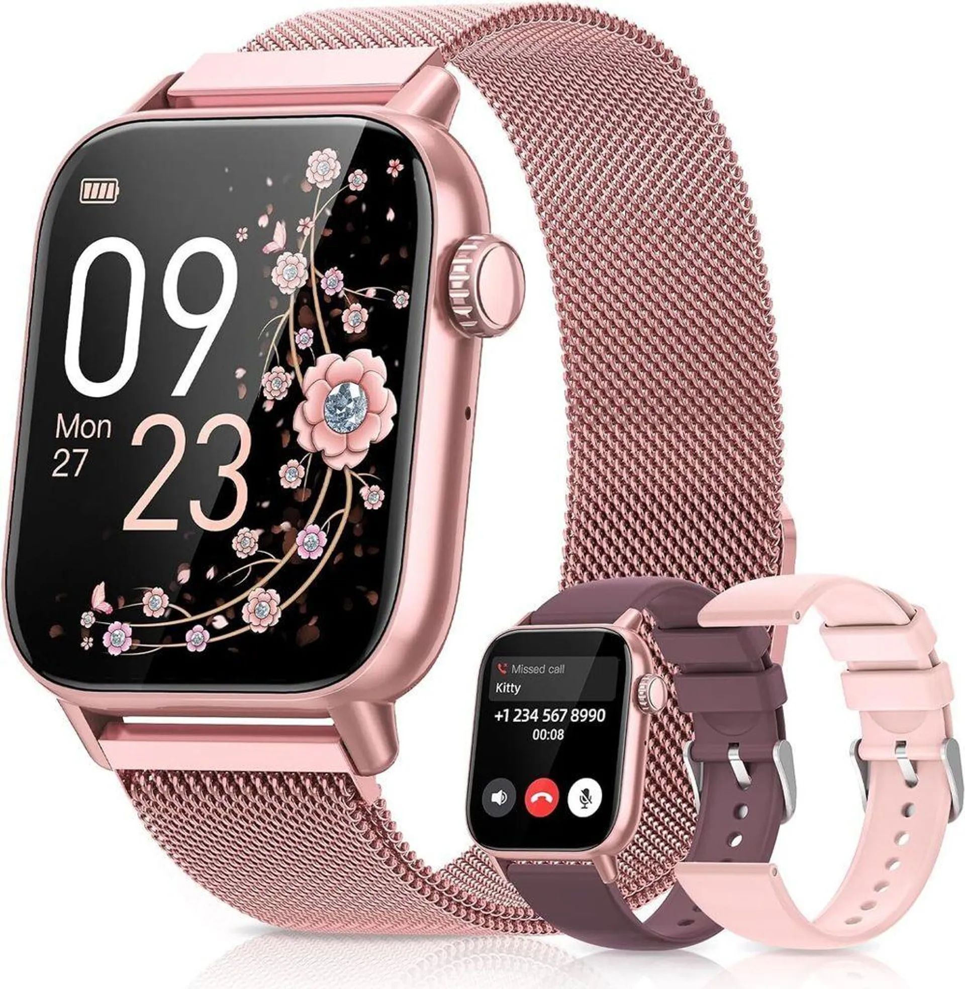 Smartwatch Damen mit Telefonfunktion Fitnessuhr SpO2, Herzfrequenz, Schlafmonitor, Menstruationszyklus IP68 Sportuhr，Rosa