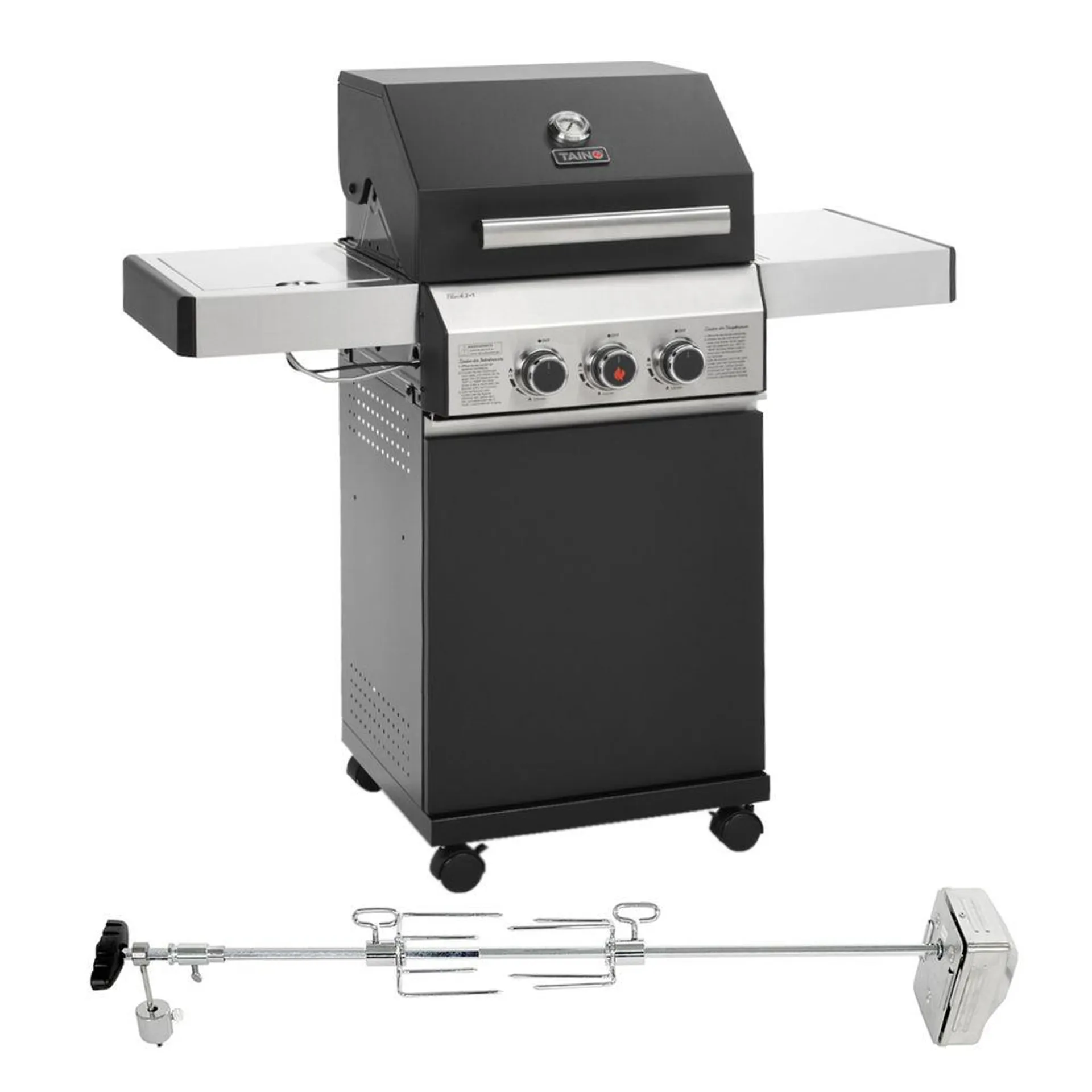 TAINO BLACK 2+1 + Drehspieß-Set Gasgrill mit Seitenbrenner Gasgrill 2 Brenner Matt Schwarz