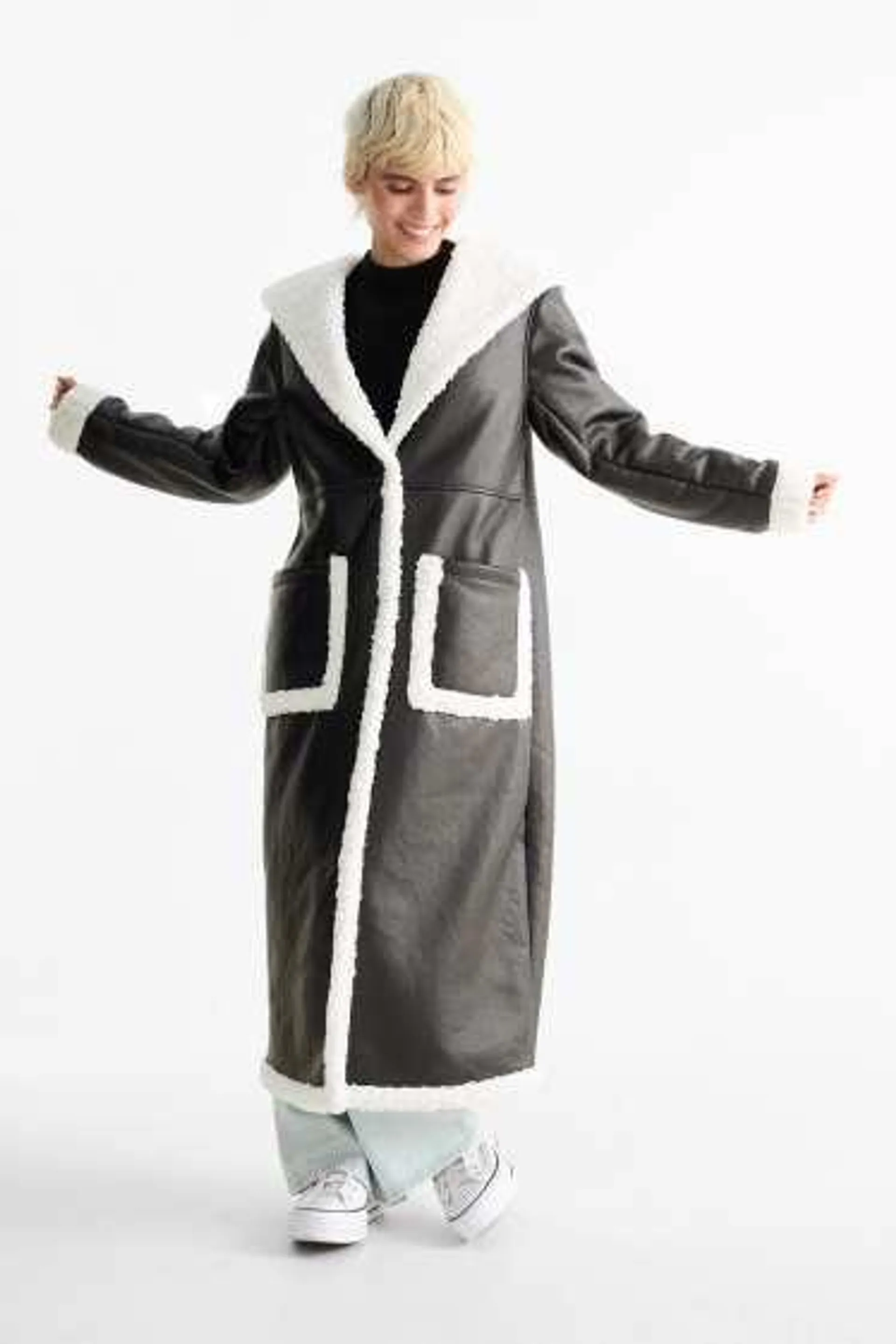 Faux shearling coat with hood - faux leather