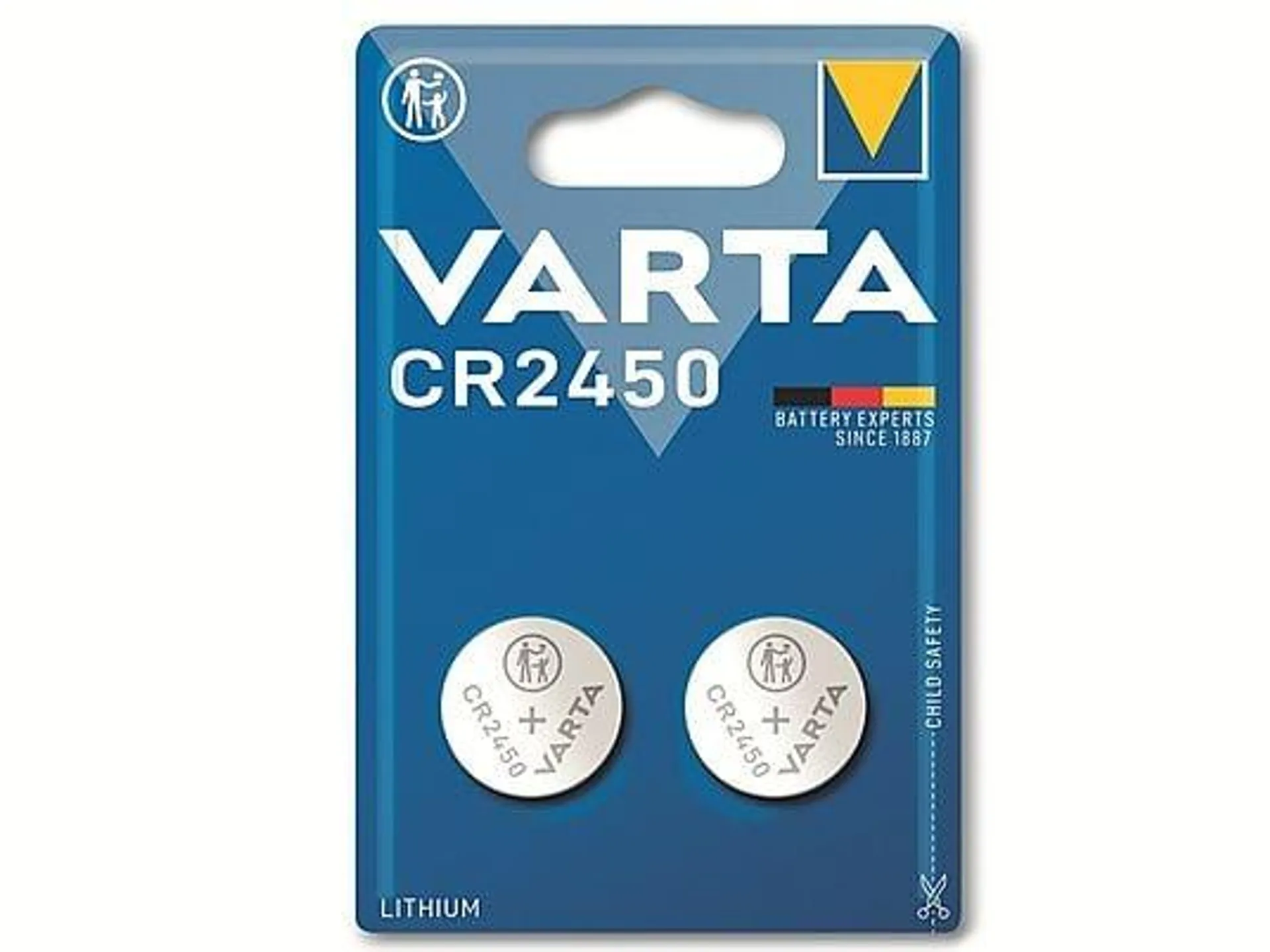 VARTA Knopfzelle Lithium, CR2450, 3V 2 Stück Lithium-Ionen Knopfzelle, 3.0 Volt, 560 Milliampere-Stunden