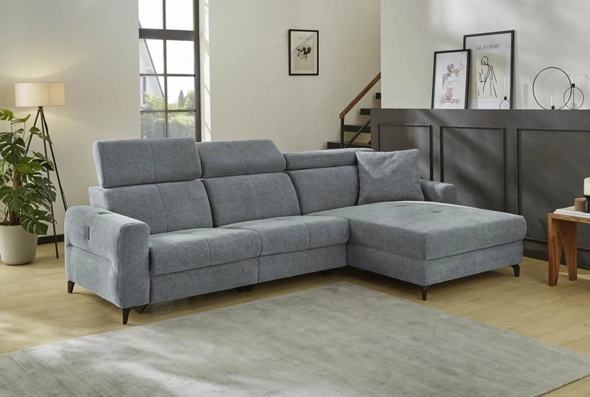 Ecksofa mit Relaxfunktion und Ladestation 301 x 184 cm Grau beidseitig montierbar