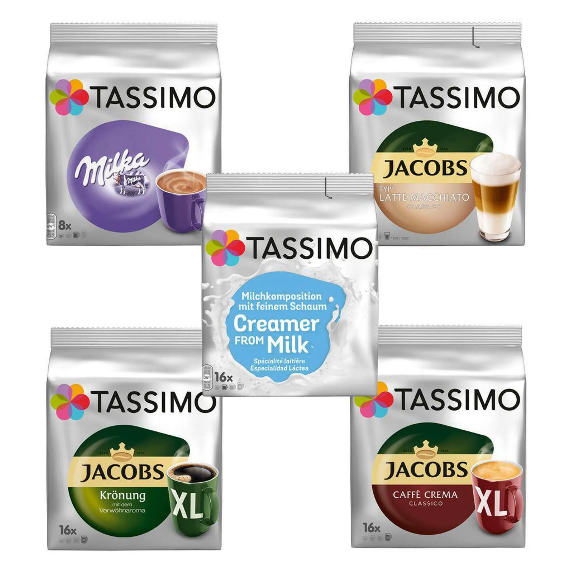 TASSIMO Creamy- Kaffee Paket Jacobs Krönung Crema Milka 5 Packungen 64 Portionen