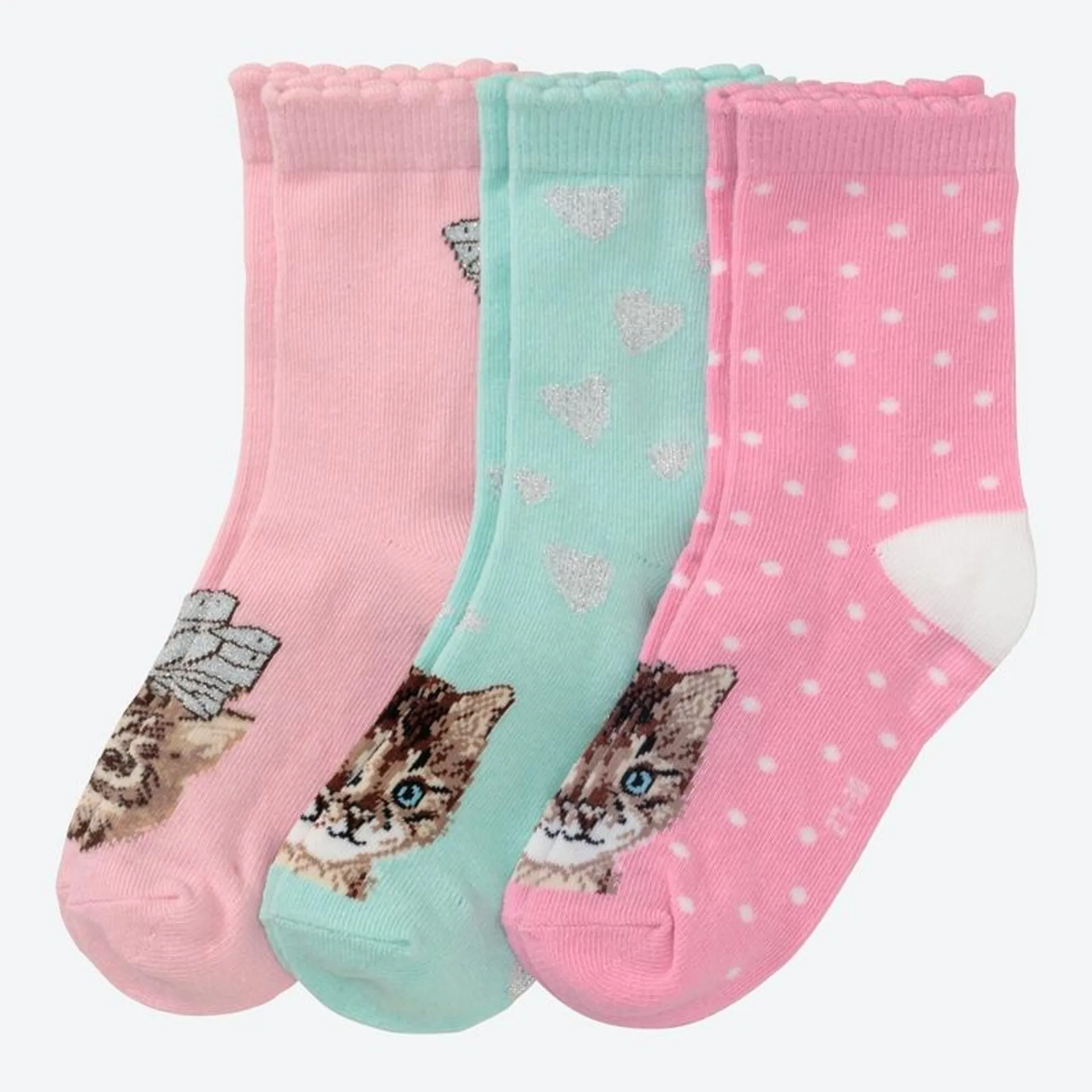 Kinder-Mädchen-Socken mit Katzen-Motiven, 3er-Pack