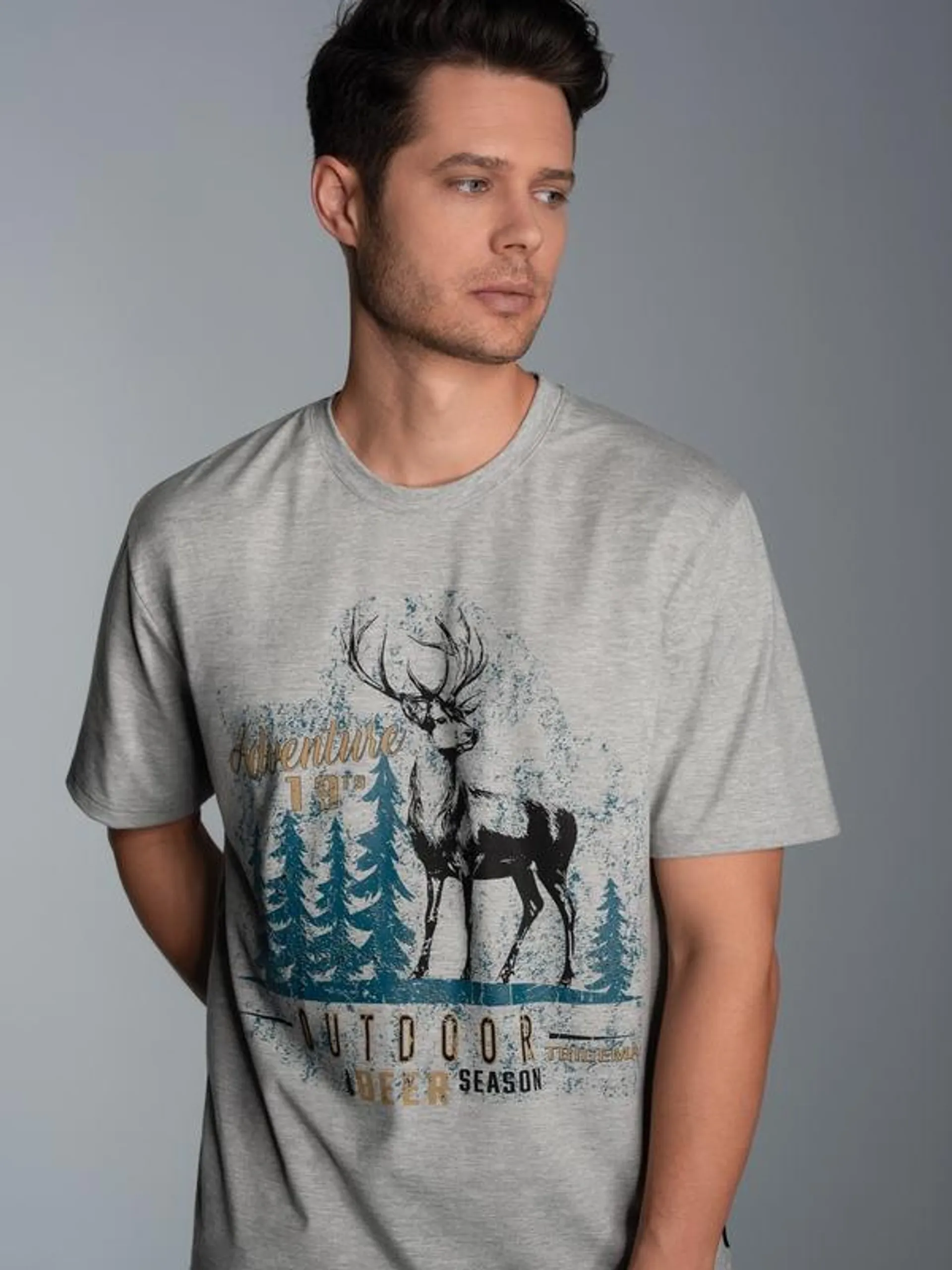 T-Shirt mit großem Hirsch-Printmotiv Grau-melange