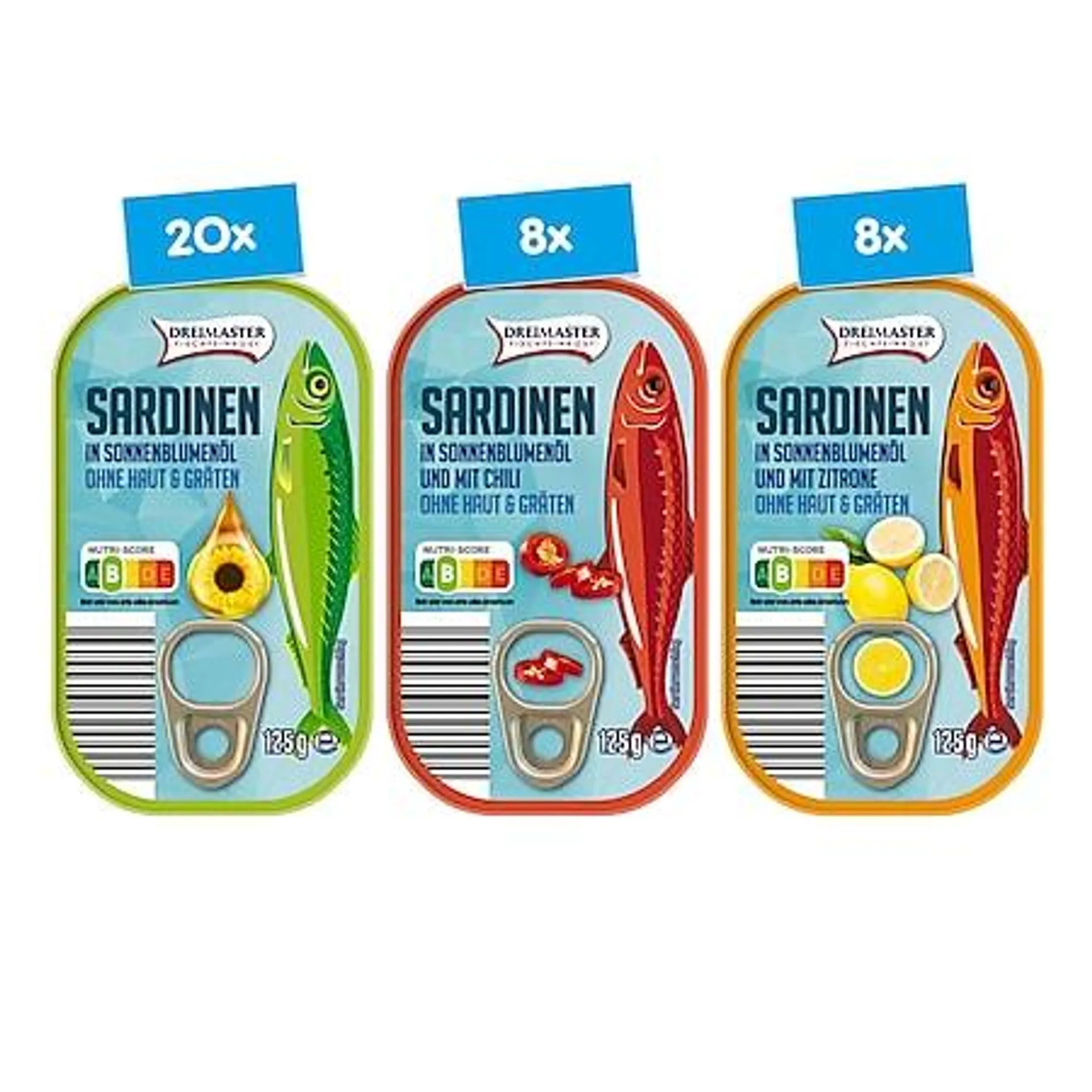 Dreimaster Sardinen ohne Haut und Gräten 125 g, verschiedene Sorten, 36er Pack