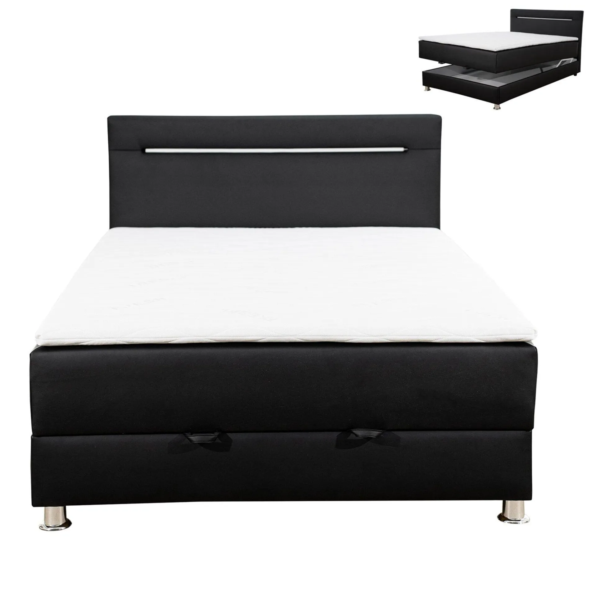 Boxspringbett - schwarz - H2 - mit Beleuchtung - 140x200 cm