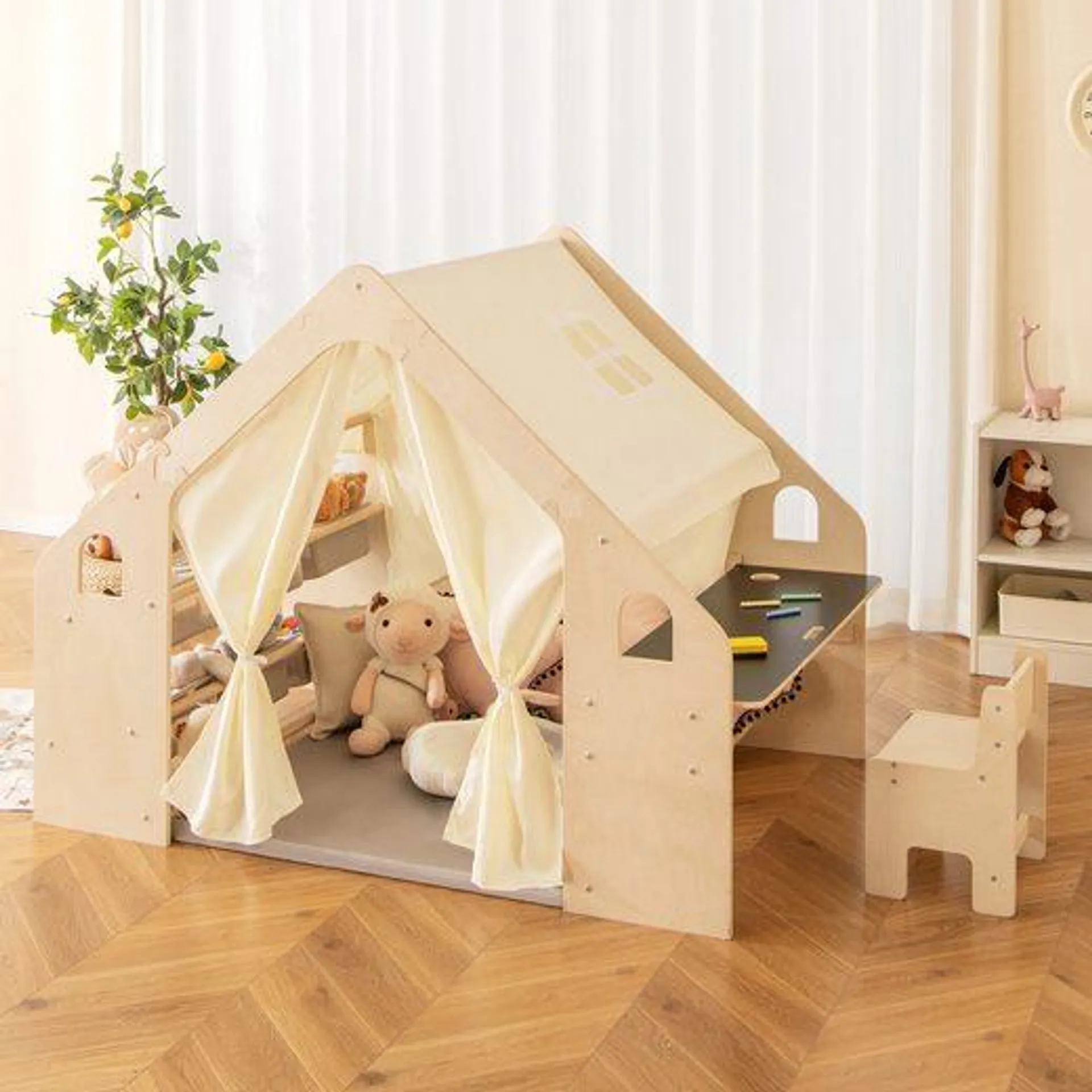 COSTWAY Spielzelt (6-tlg) 6 in 1 Kindersitzgruppe Spielhaus mit 6 Aufbewahrungsbox, Holz