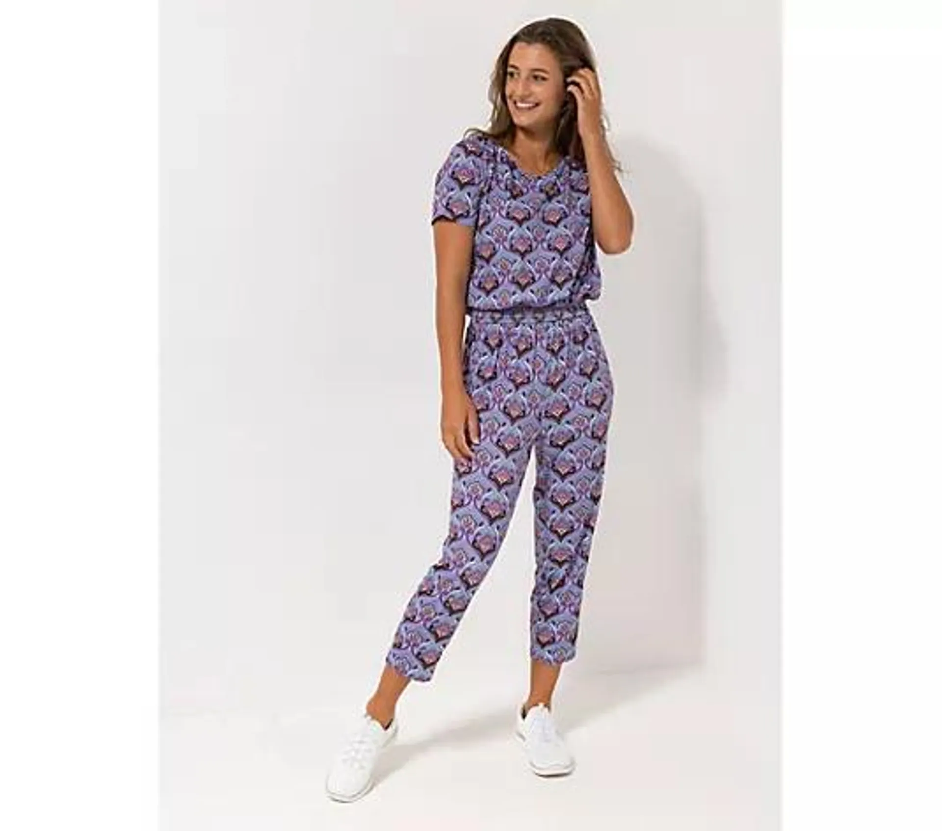 IN-PRINT Jumpsuit, 1/2-Arm V-Ausschnitt elastische Ware grafischer Druck