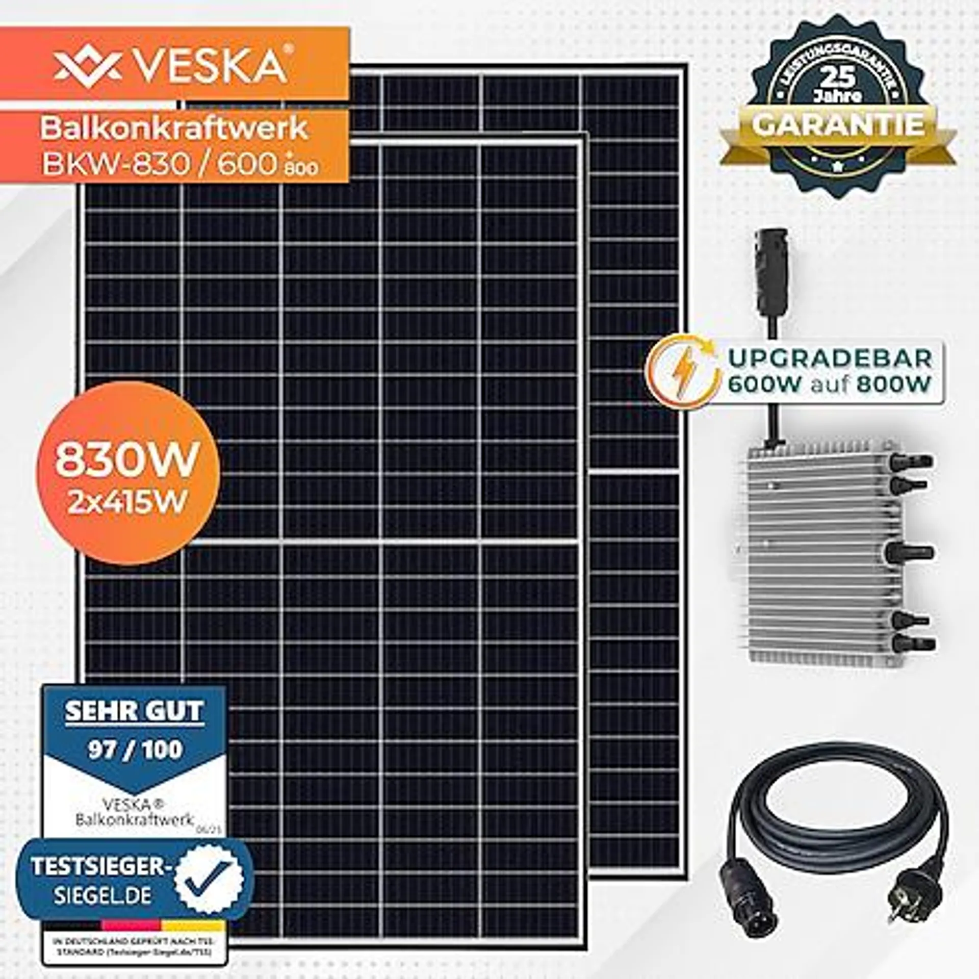 Veska Balkonkraftwerk 830 W / 600+800W Photovoltaik Solaranlage Steckerfertig WIFI Smarte Mini-PV Anlage 600 Watt genehmigungsfrei, Schwarz