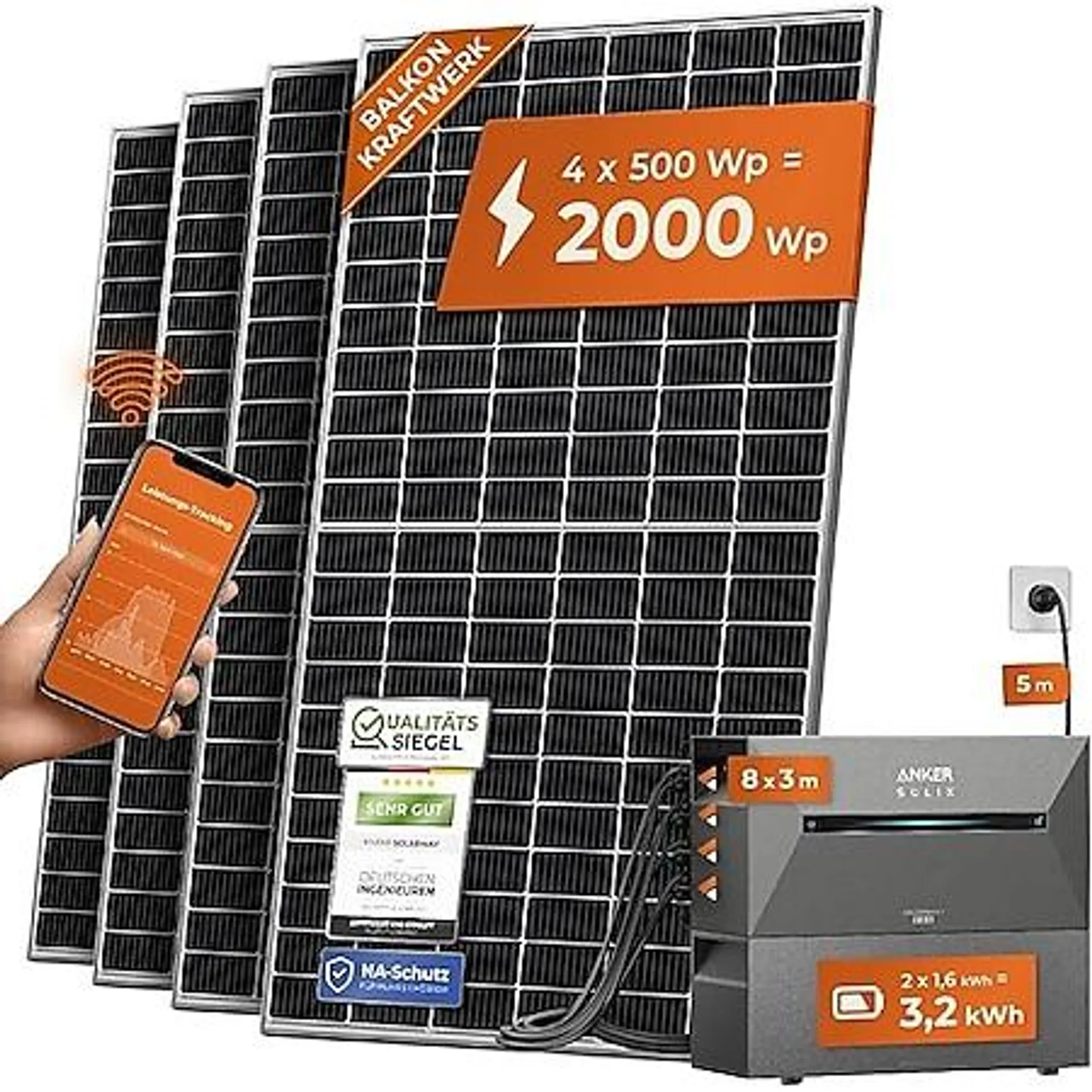 Solarway All In One Balkonkraftwerk 2000W Komplett mit 3,2 kWh Anker Solarbank 2 PRO Speicher, Plug&Play