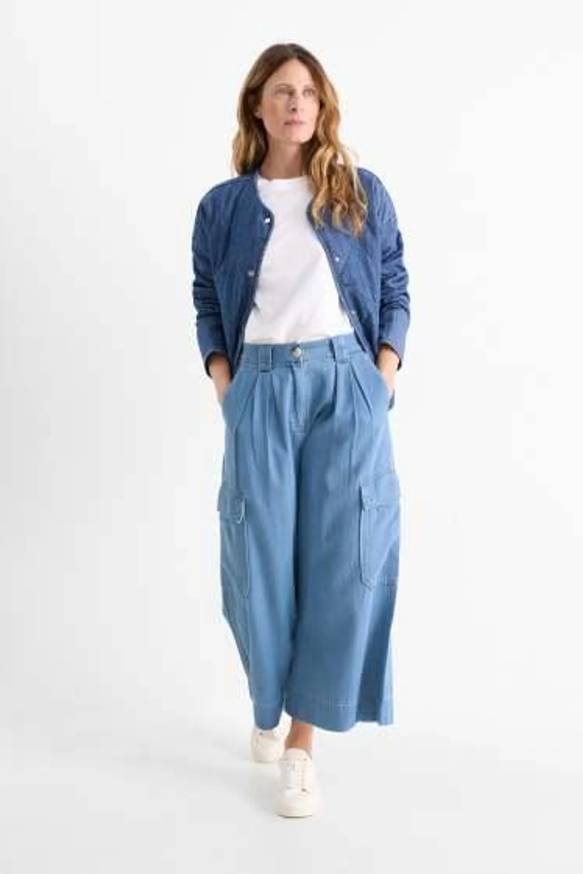 Cargo trousers - mid-rise waist - wide leg - denim look