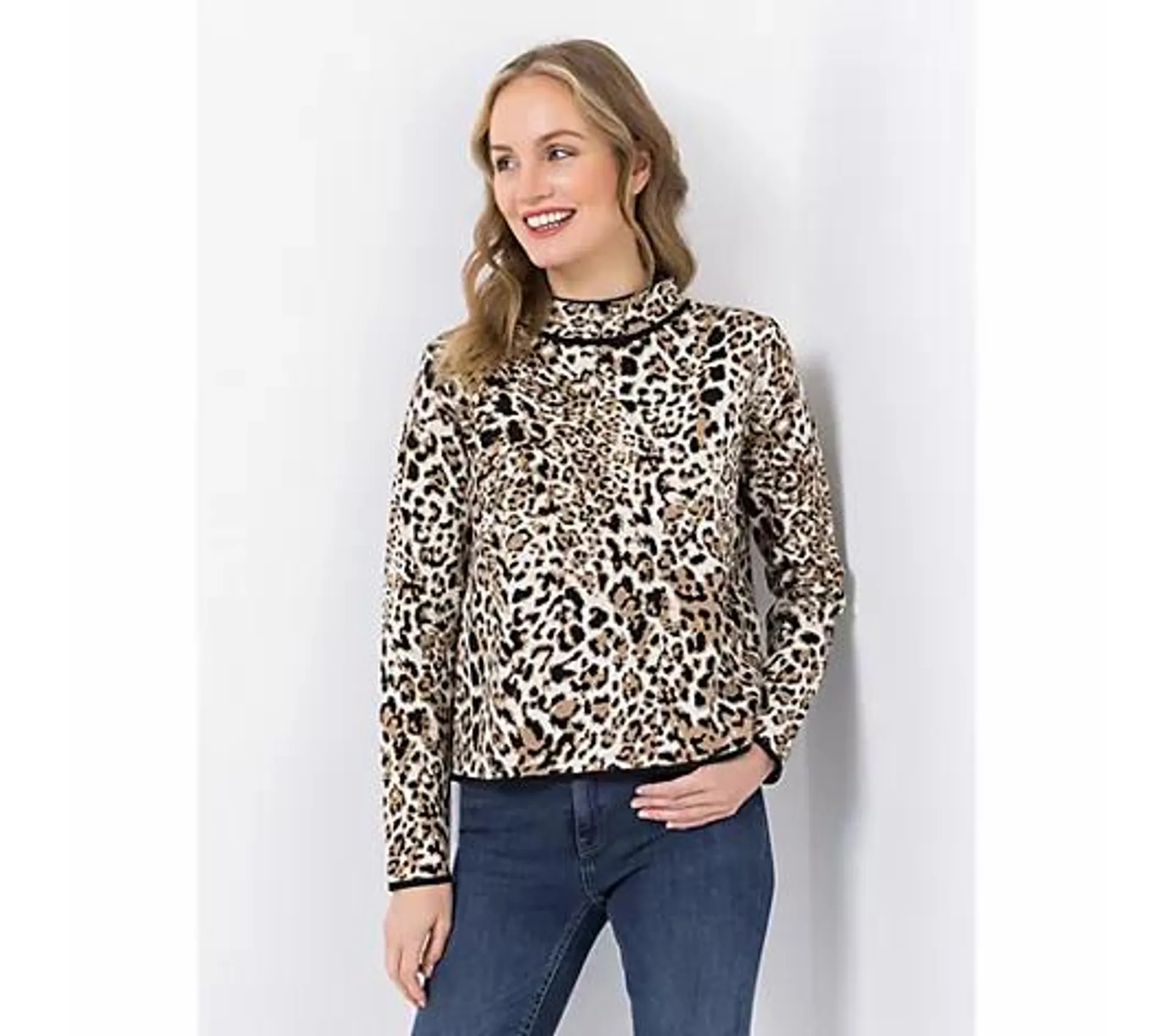 ANNI FOR FRIENDS Pullover Alva Leoparden Jacquard weiter Stehkragen kastige Form